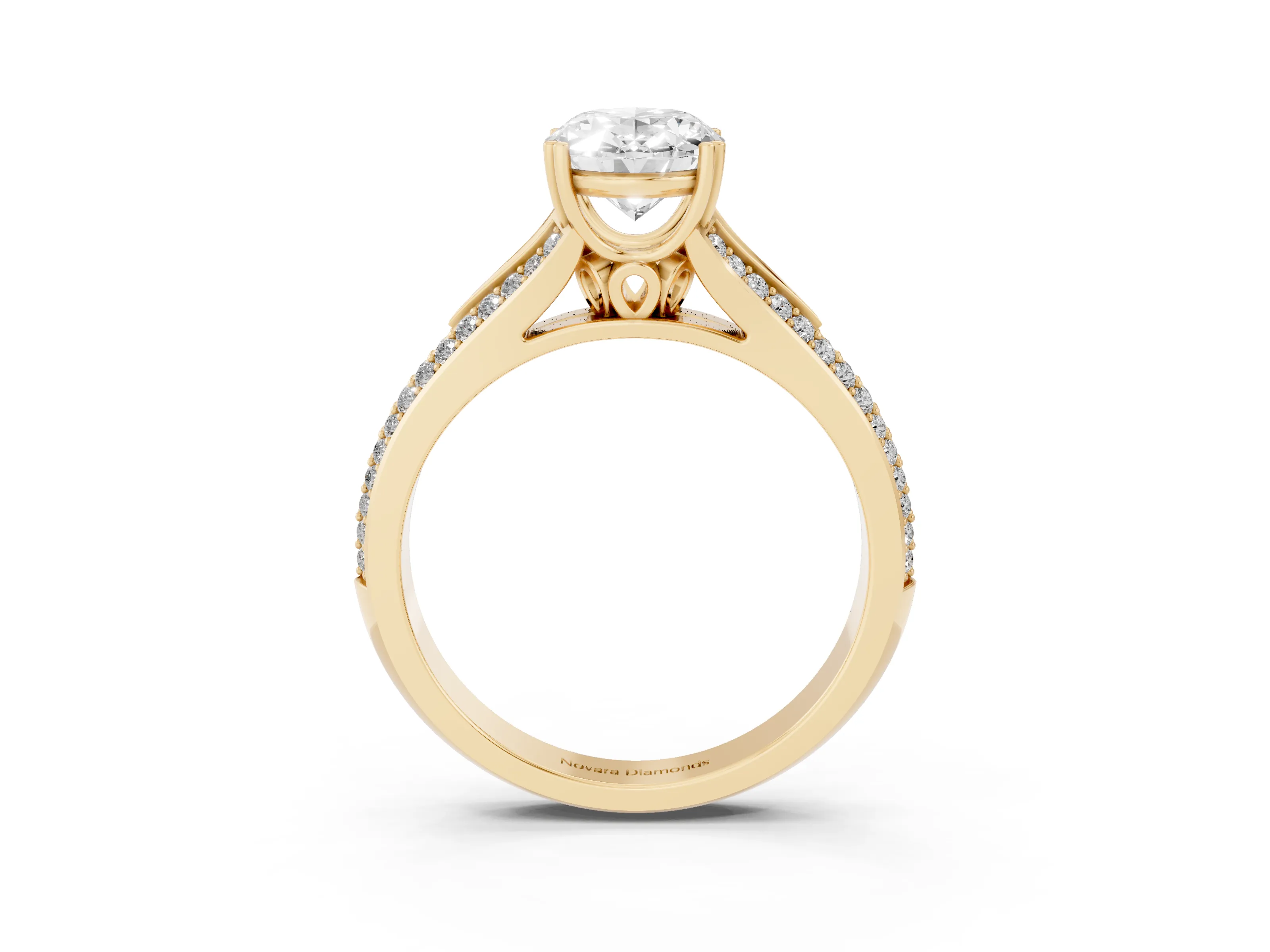 Oval Cut Diamond Split Shank Pavé Engagement Ring Set in Yellow gold with Prong-Set Center Stone