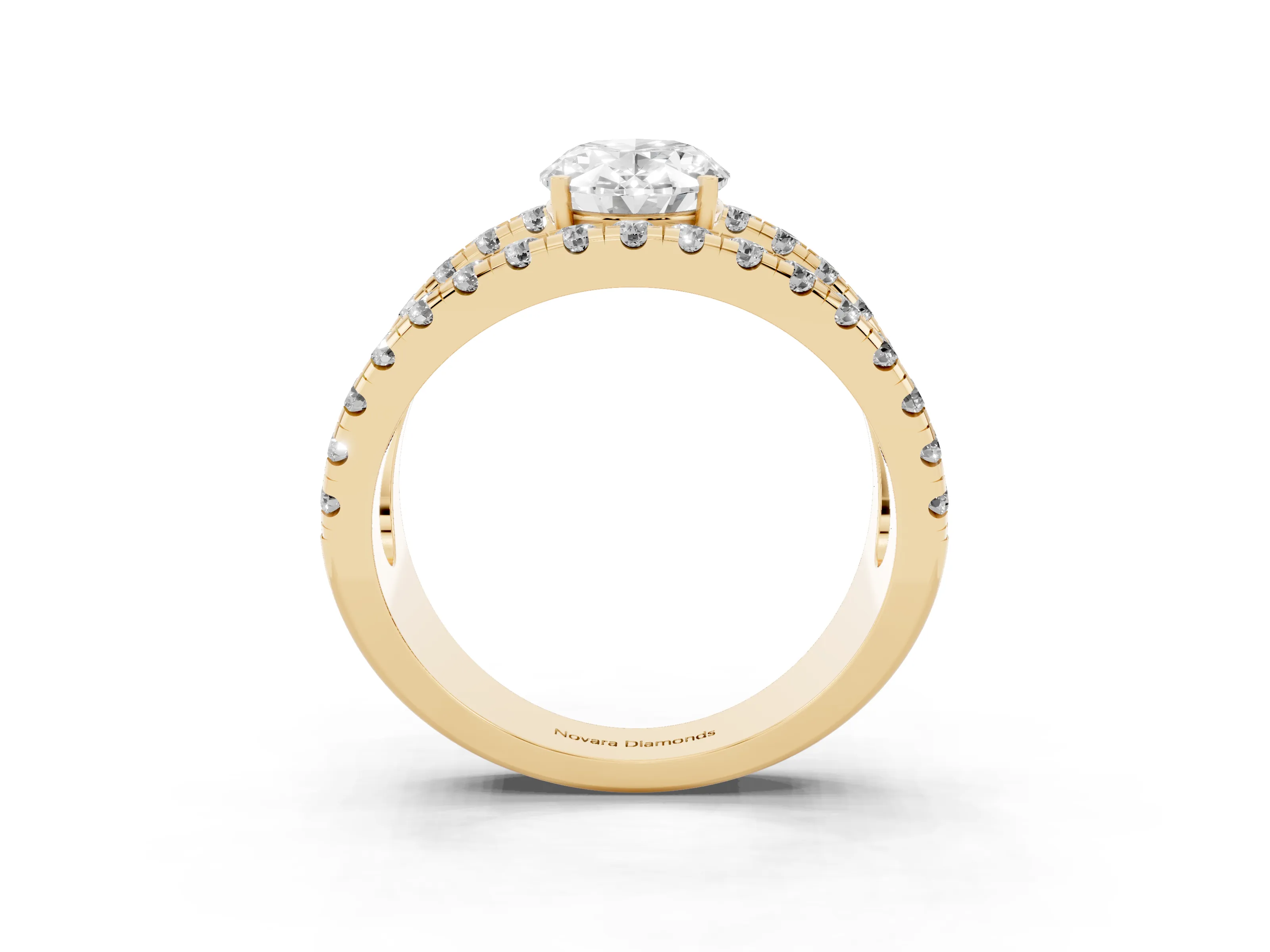 Oval Cut Diamond Split Shank Pavé Solitaire Ring Set in Yellow gold with Open Shank Design