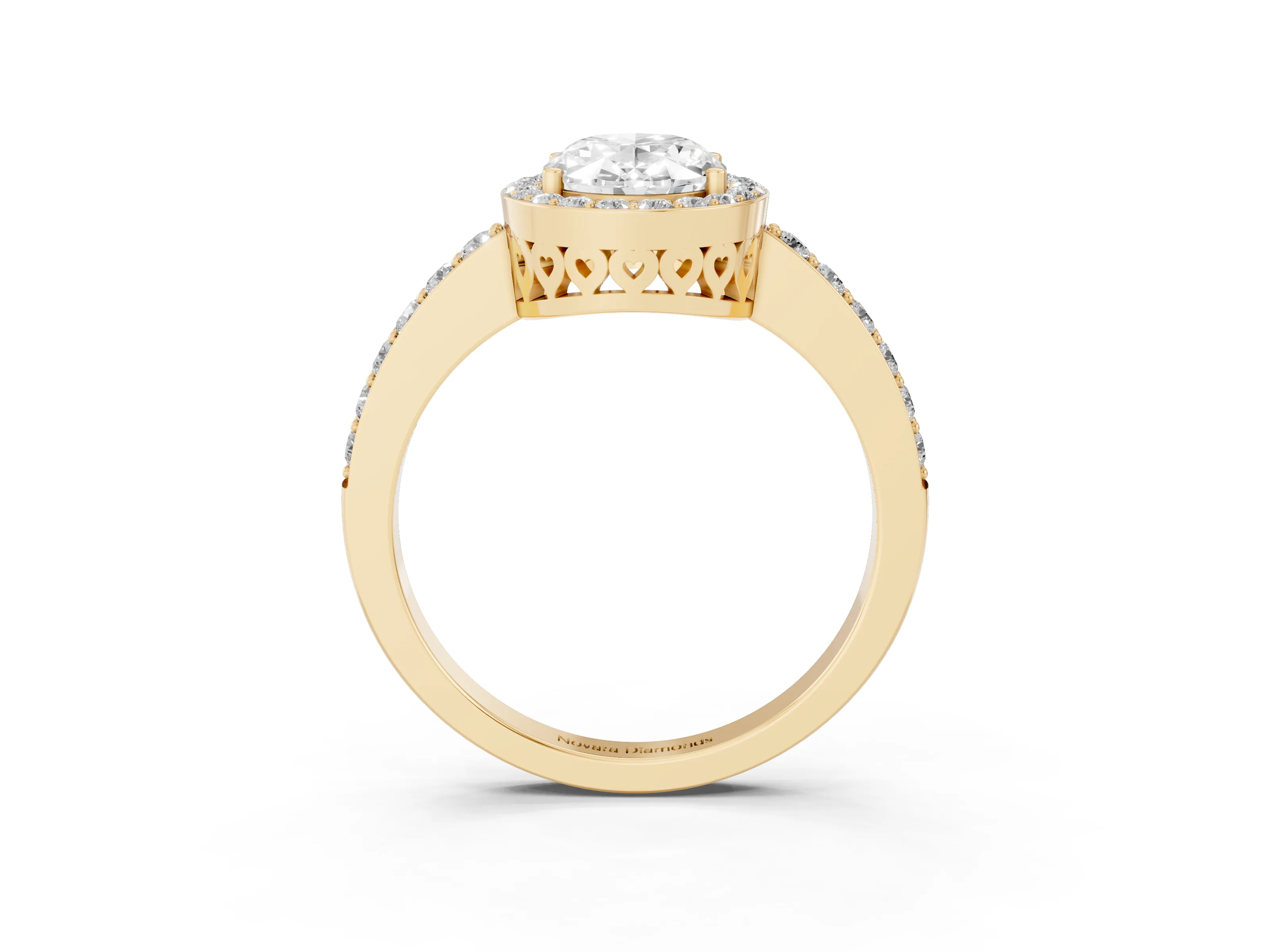 Oval Cut Diamond Halo Ring Set in Yellow gold with Pavé-Setting Band and Open Prong Center