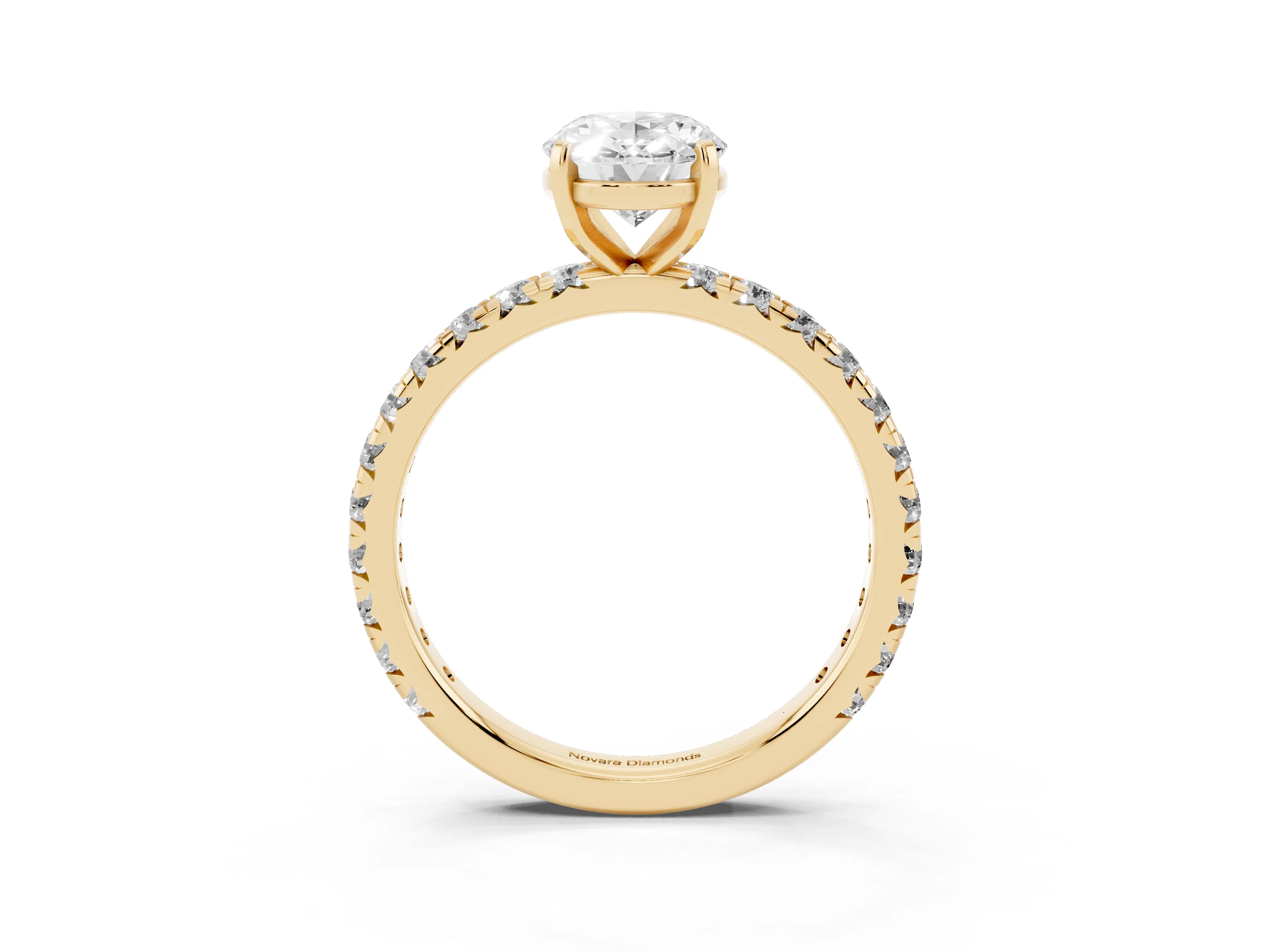 Oval Cut Diamond Pavé Solitaire Ring Set in Yellow gold with Round Band and Prong Setting