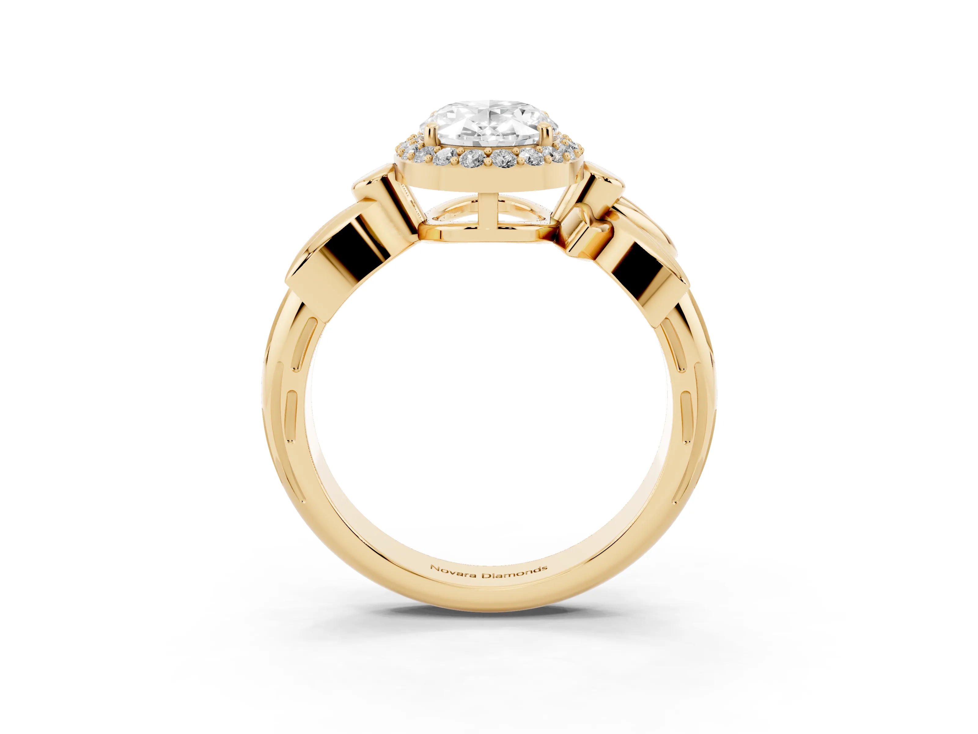 Oval Cut Diamond Halo Floral Band Ring Set in Yellow gold with Prong Setting