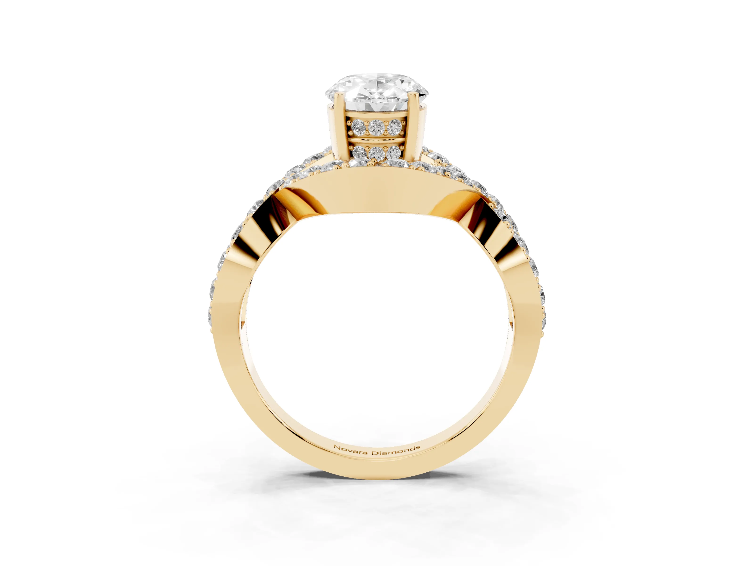 Oval Cut Diamond Solitaire Twist Band Pavé Engagement Ring Set in Yellow gold