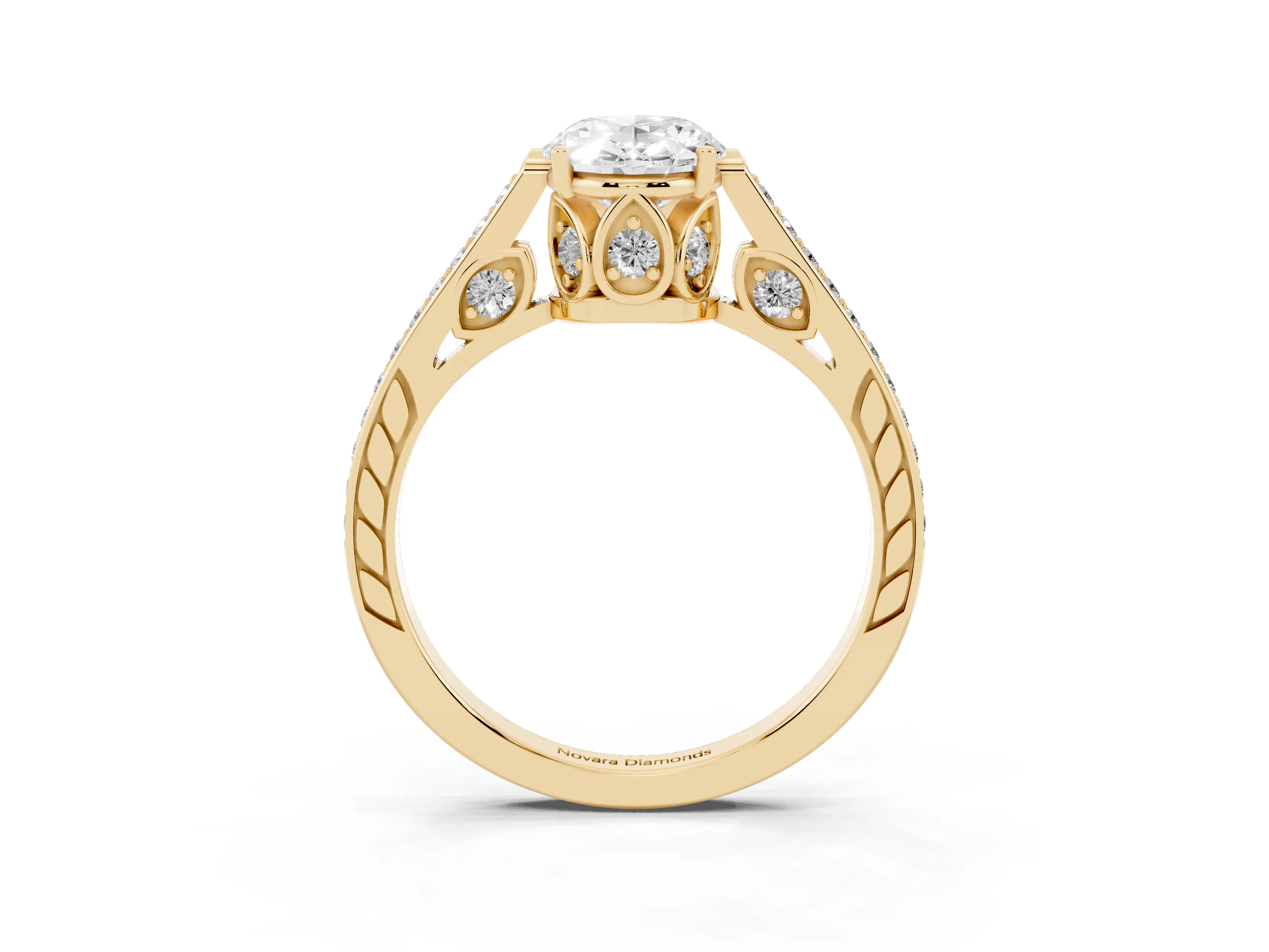 Oval Cut Diamond Cathedral Pavé Engagement Ring Set in Yellow gold with Prong Setting