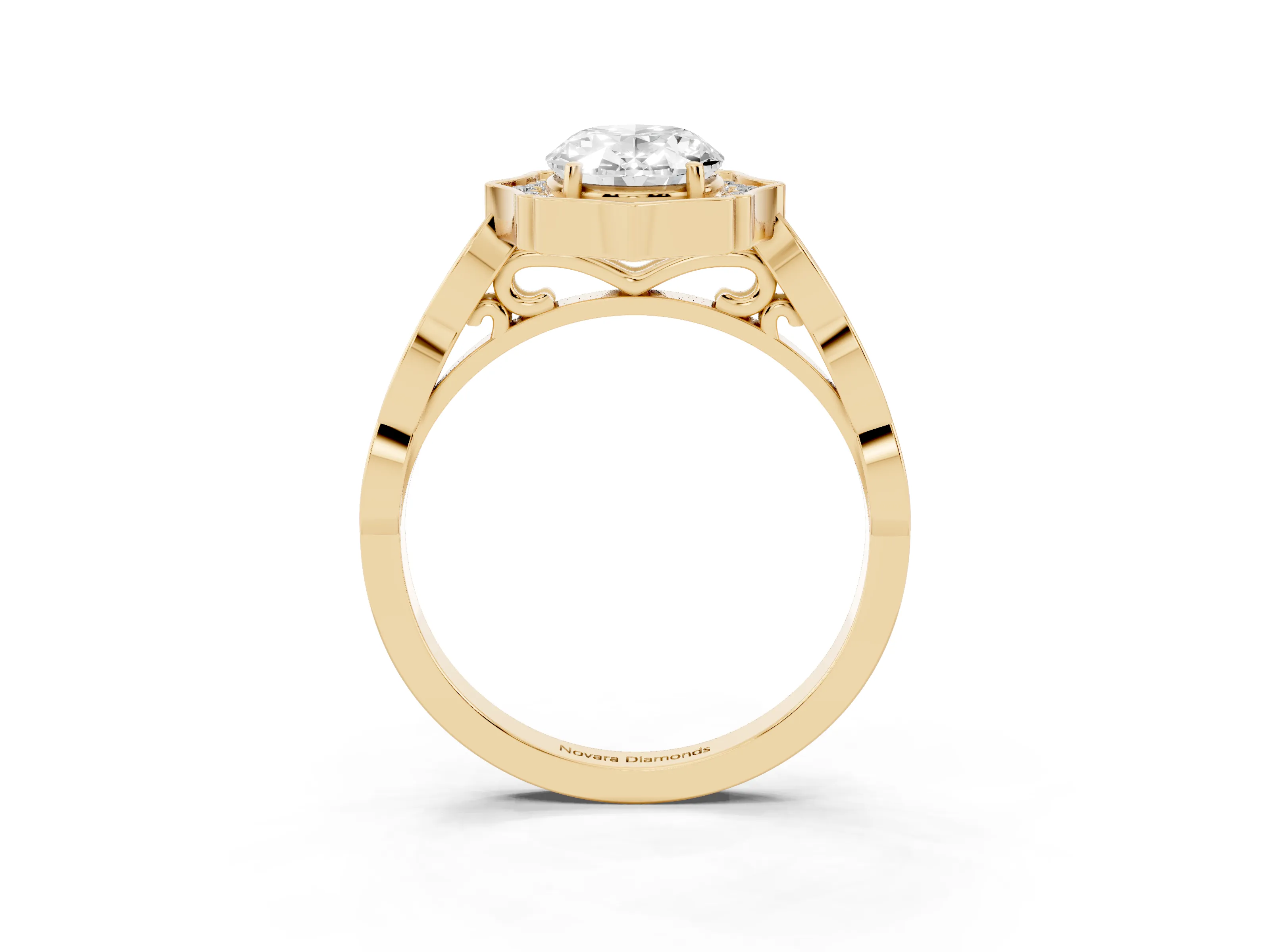 Oval Cut Diamond Halo Engagement Ring Set in Yellow gold with Milgrain Band and Prong Setting