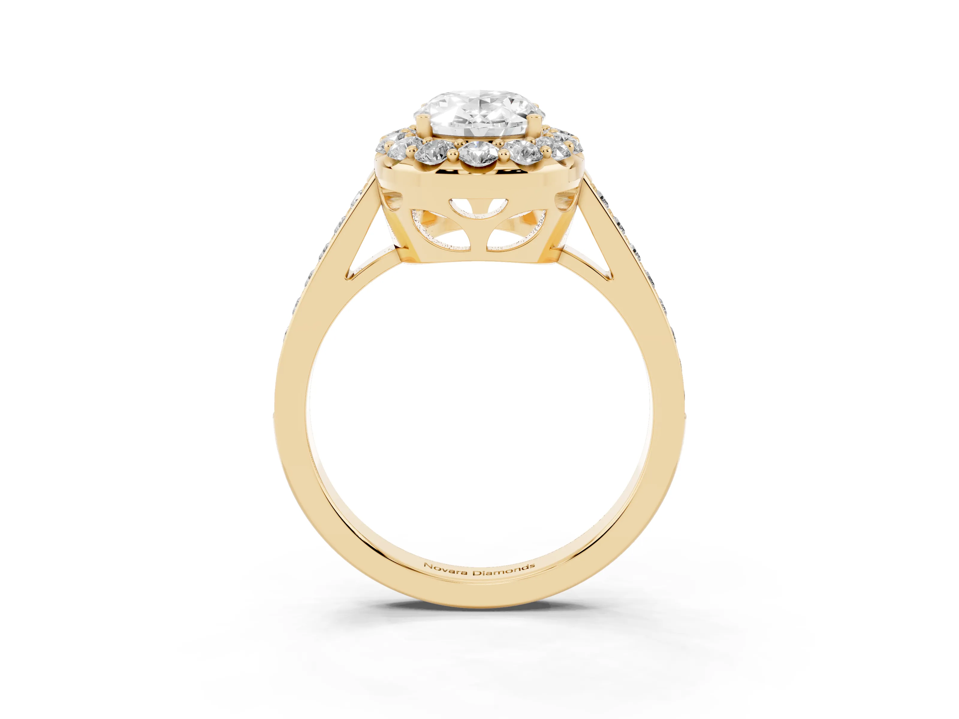 Oval Cut Diamond Floral Halo Ring Set in Yellow gold with Pavé Band and Prong Setting