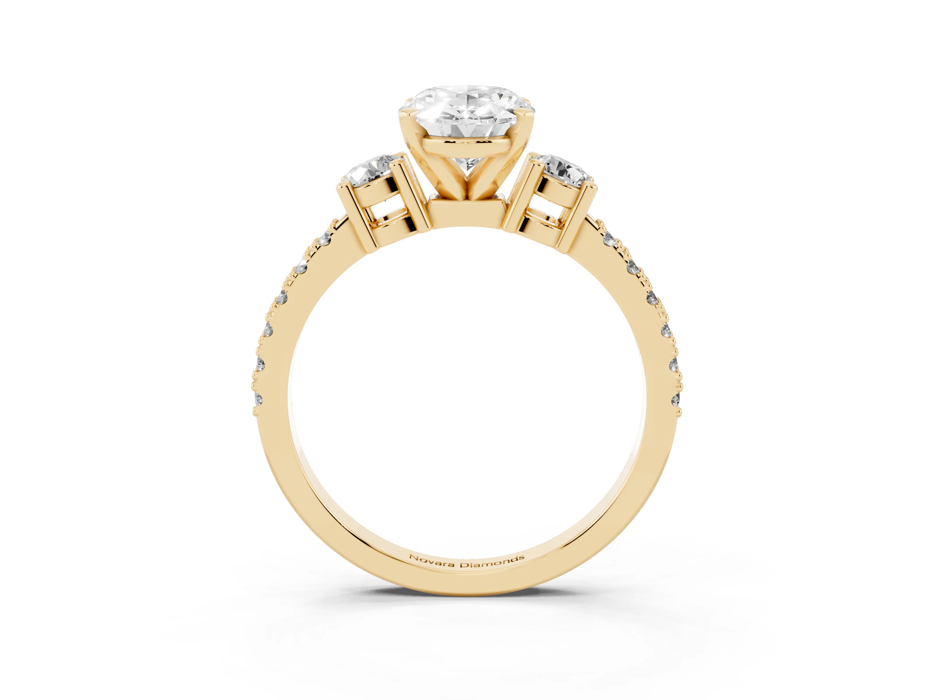 Three-Stone Oval Cut Diamond Pavé Band Ring Set in Yellow gold with Prong Setting
