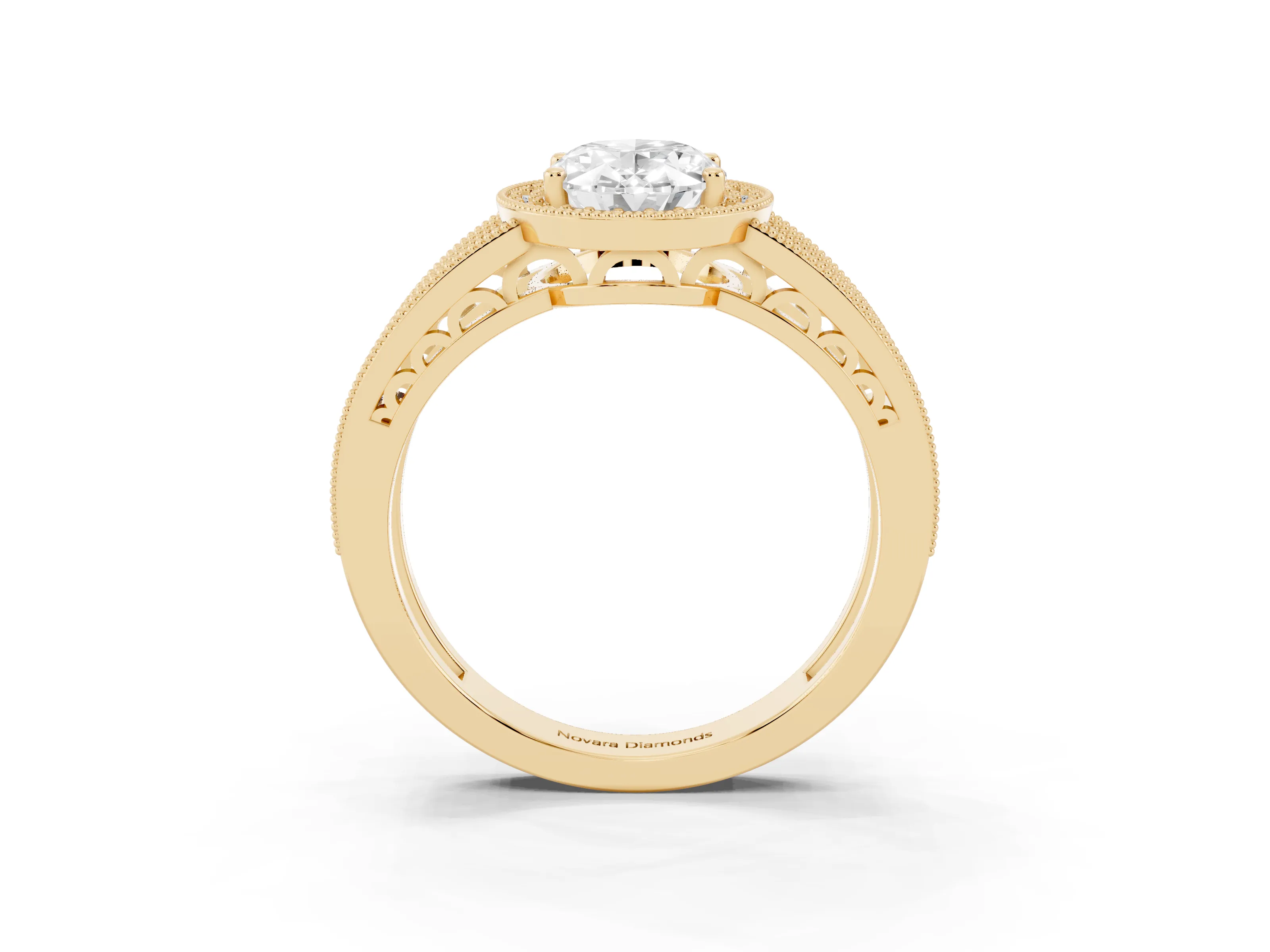 Oval Cut Diamond Halo Ring Set in Yellow gold with Accent Split Shank and Prong Setting