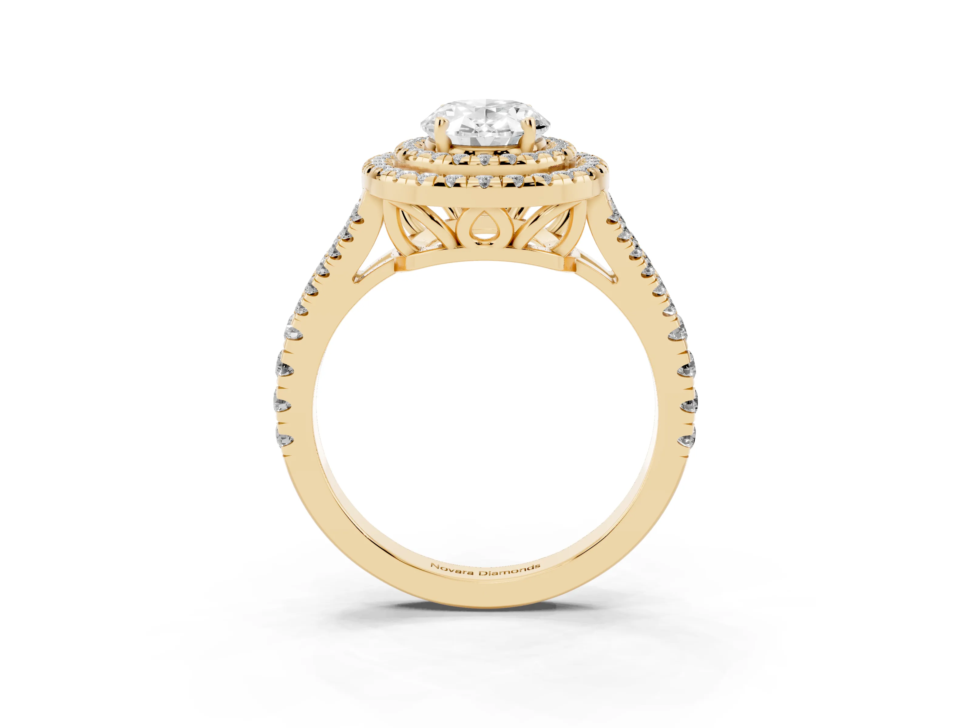 Oval Cut Diamond Double Halo Ring Set in Yellow gold with Pavé Band