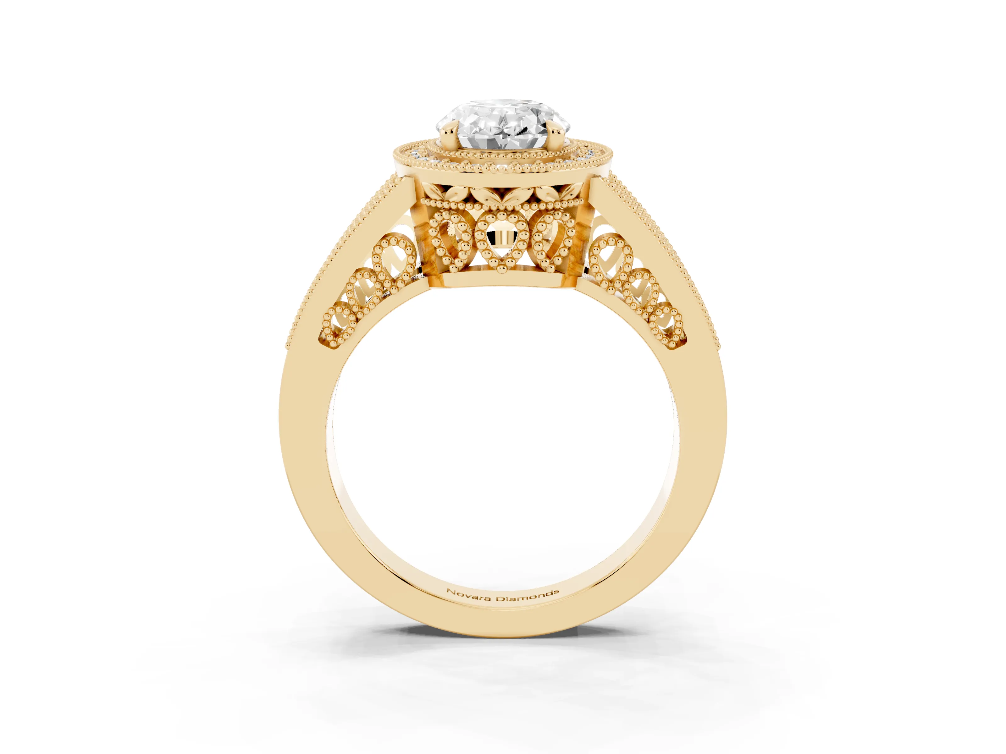 Oval Cut Diamond Halo Ring Set in Yellow gold with Stone-Set Split Shank and Milgrain Edges