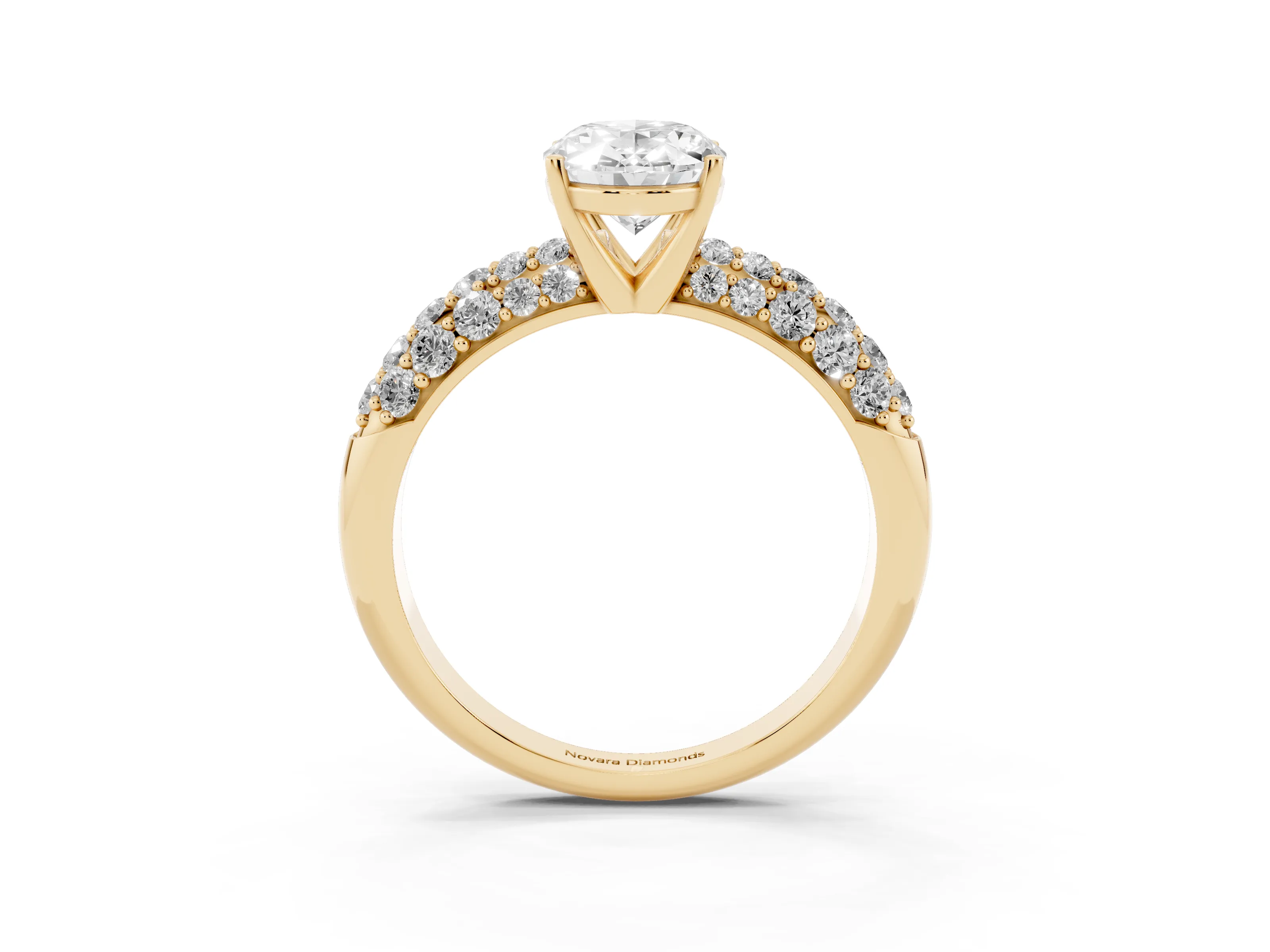 Oval Cut Diamond Pavé Band Solitaire Ring Set in Yellow gold with Close-Set Accent Stones and Prong Setting