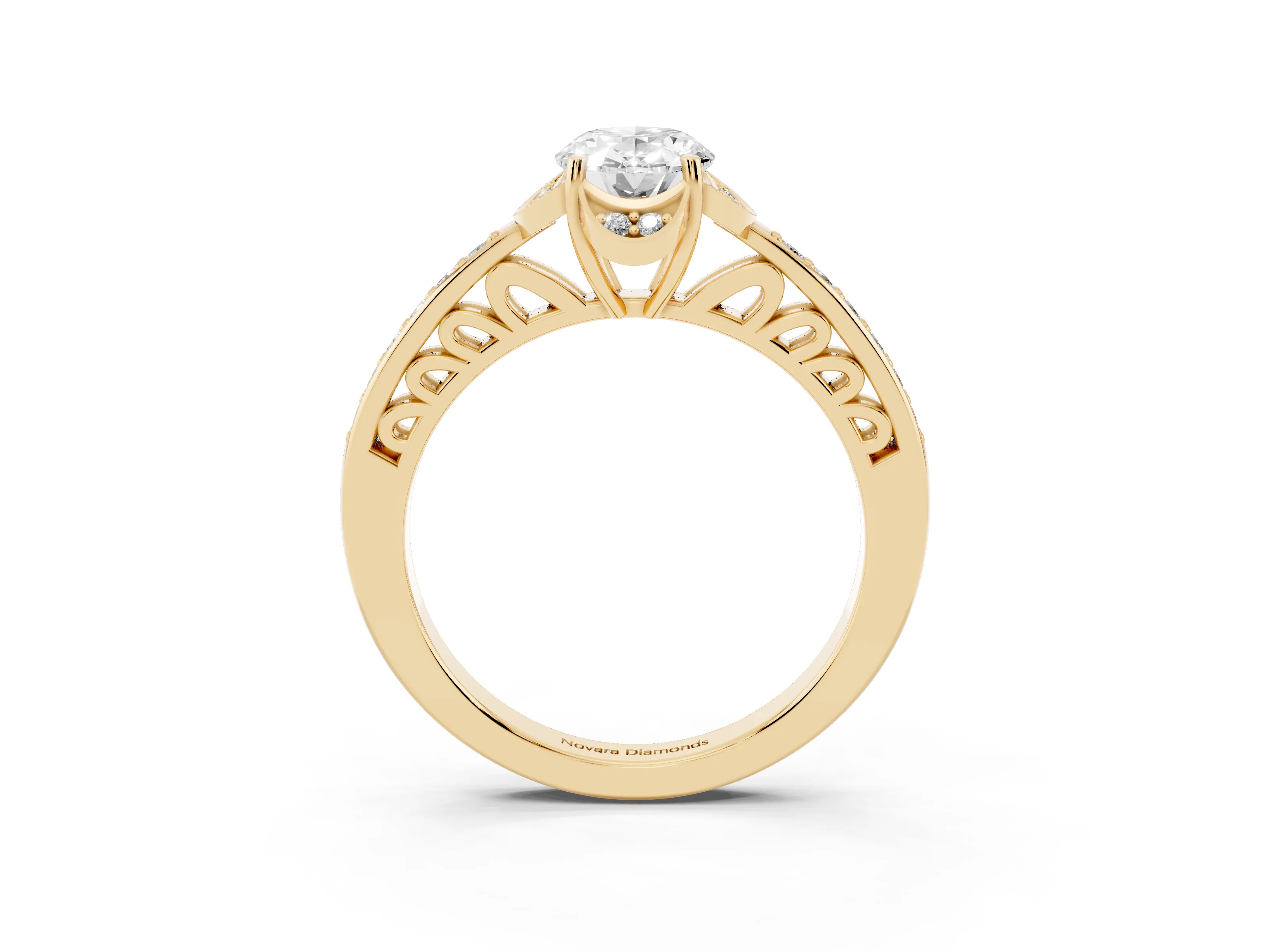 Oval Cut Diamond Halo Ring Set in Yellow gold with Channel Set Band and Prong Setting