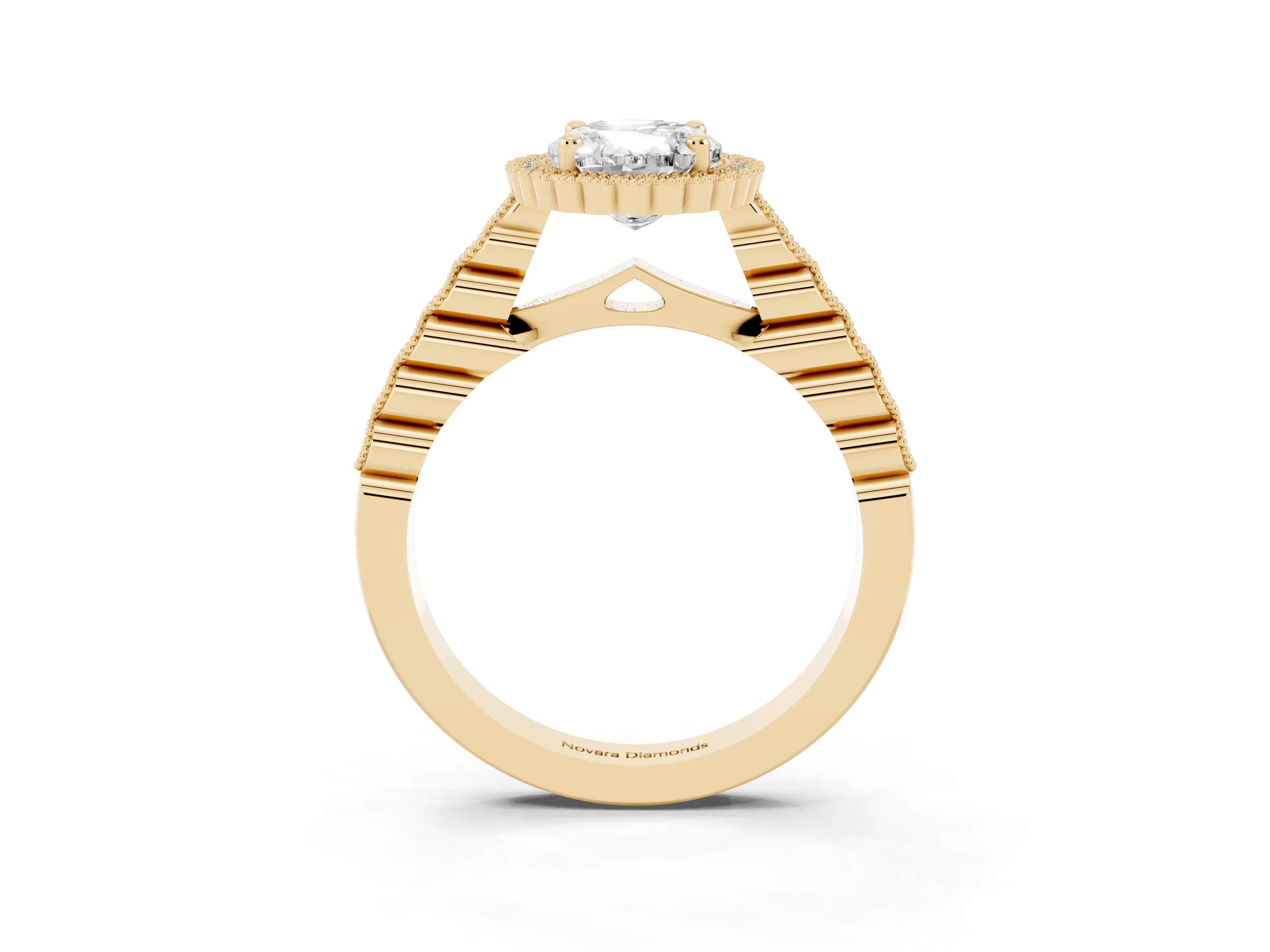 Oval Cut Diamond Halo Ring Set in Yellow gold with Pavé Milgrain Band