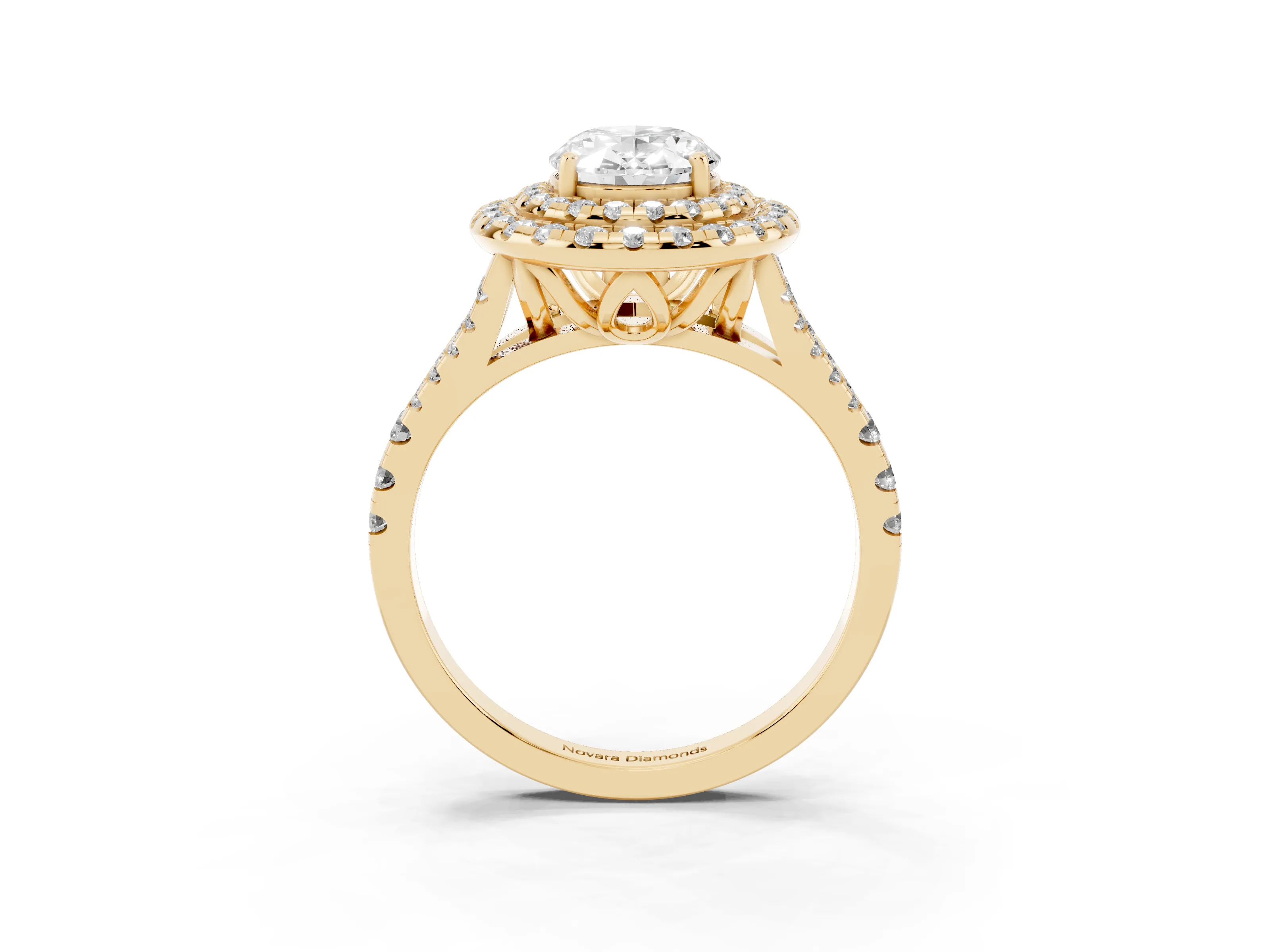 Oval Cut Diamond Double Halo Ring Set in Yellow gold with Pavé Split Shank and Prong Setting
