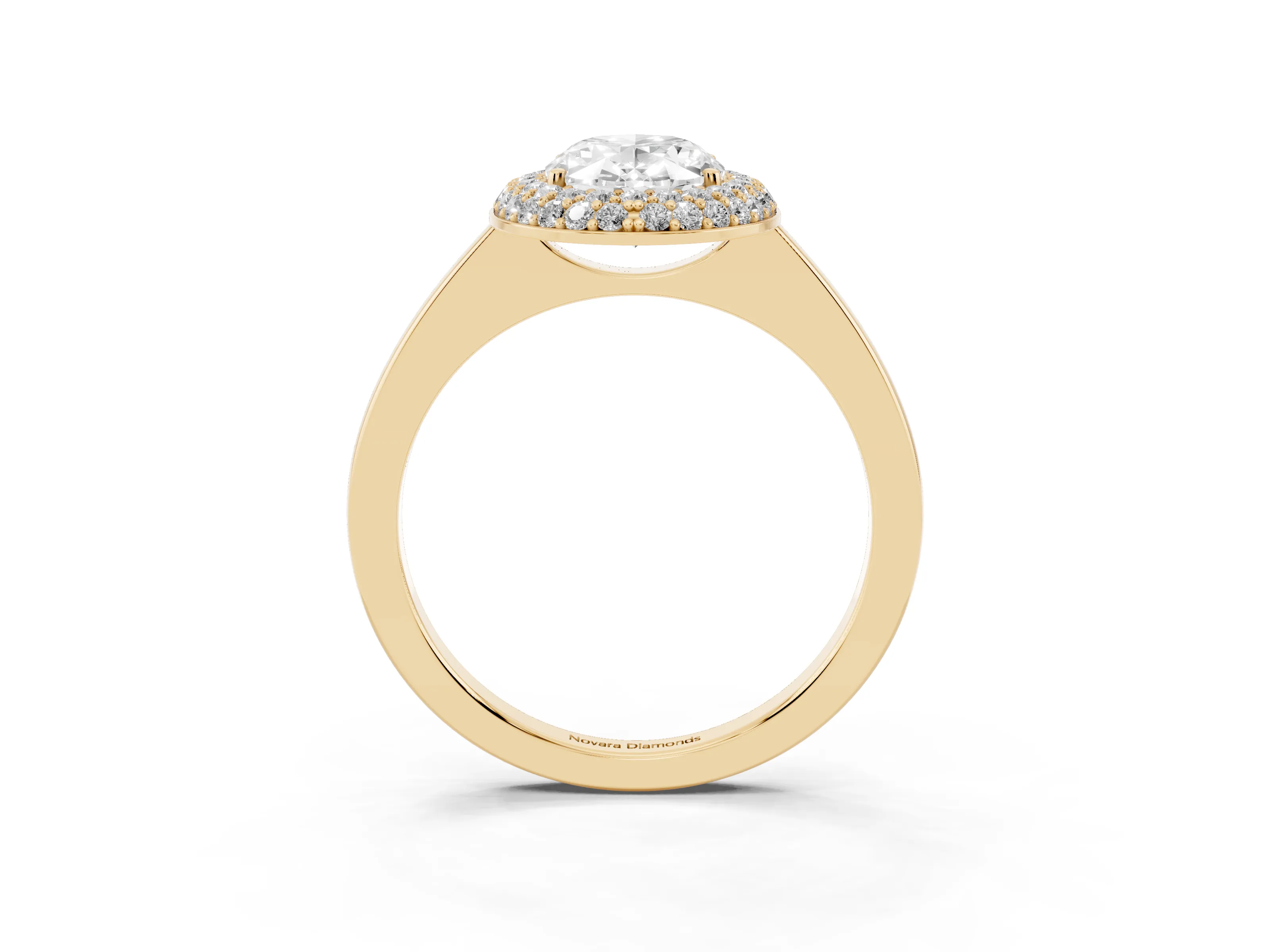Oval Cut Diamond Halo Engagement Ring Set in Yellow gold with Solitaire Band and Prong Setting