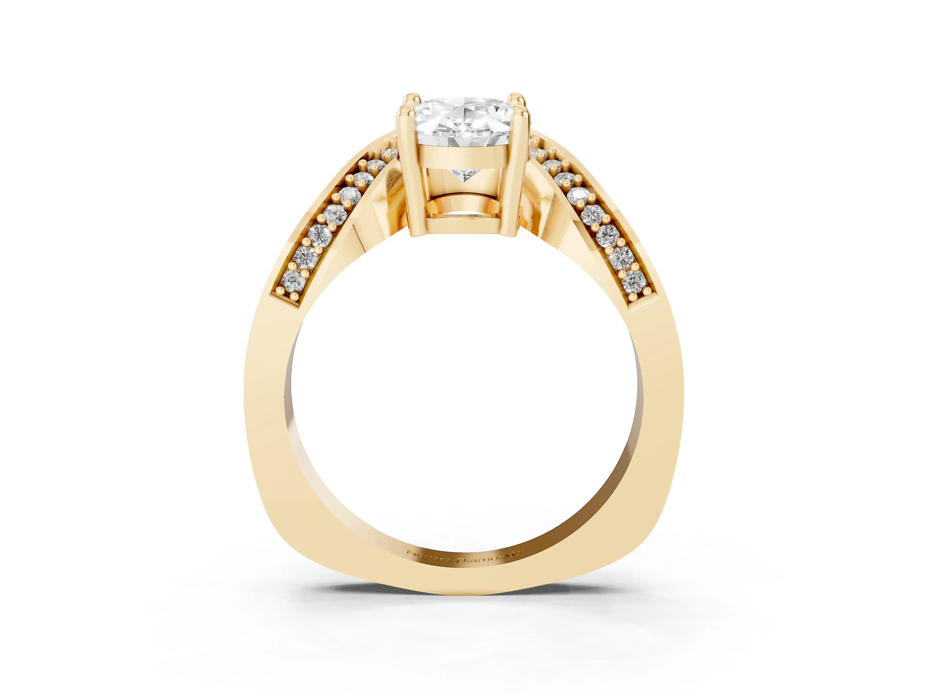 Oval Cut Diamond Solitaire Engagement Ring Set in Yellow gold with Pavé Shoulders