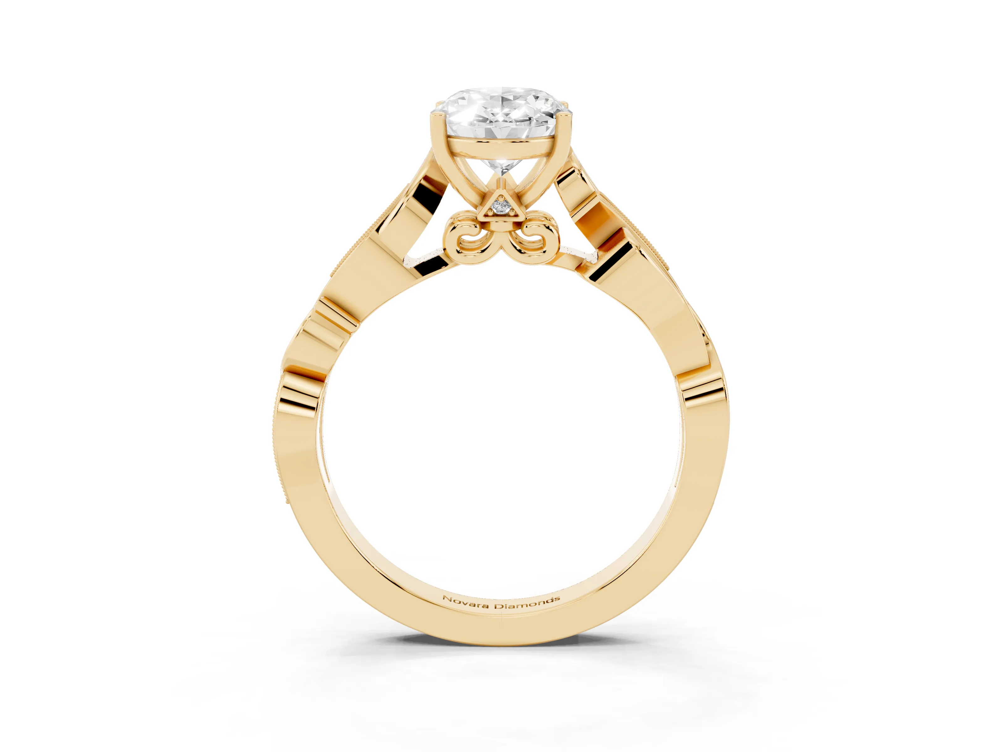 Oval Cut Diamond Vine Band Solitaire Ring Set in Yellow gold with Milgrain Prong Setting