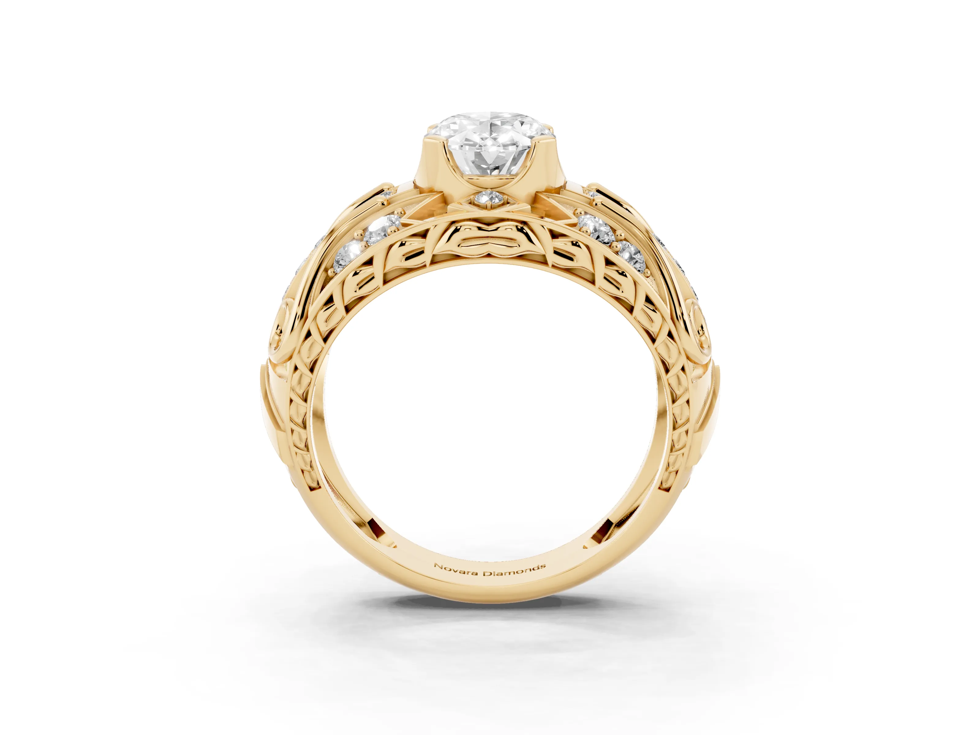 Oval Cut Diamond Art Deco Ring Set in Yellow gold with Pavé Split Shank