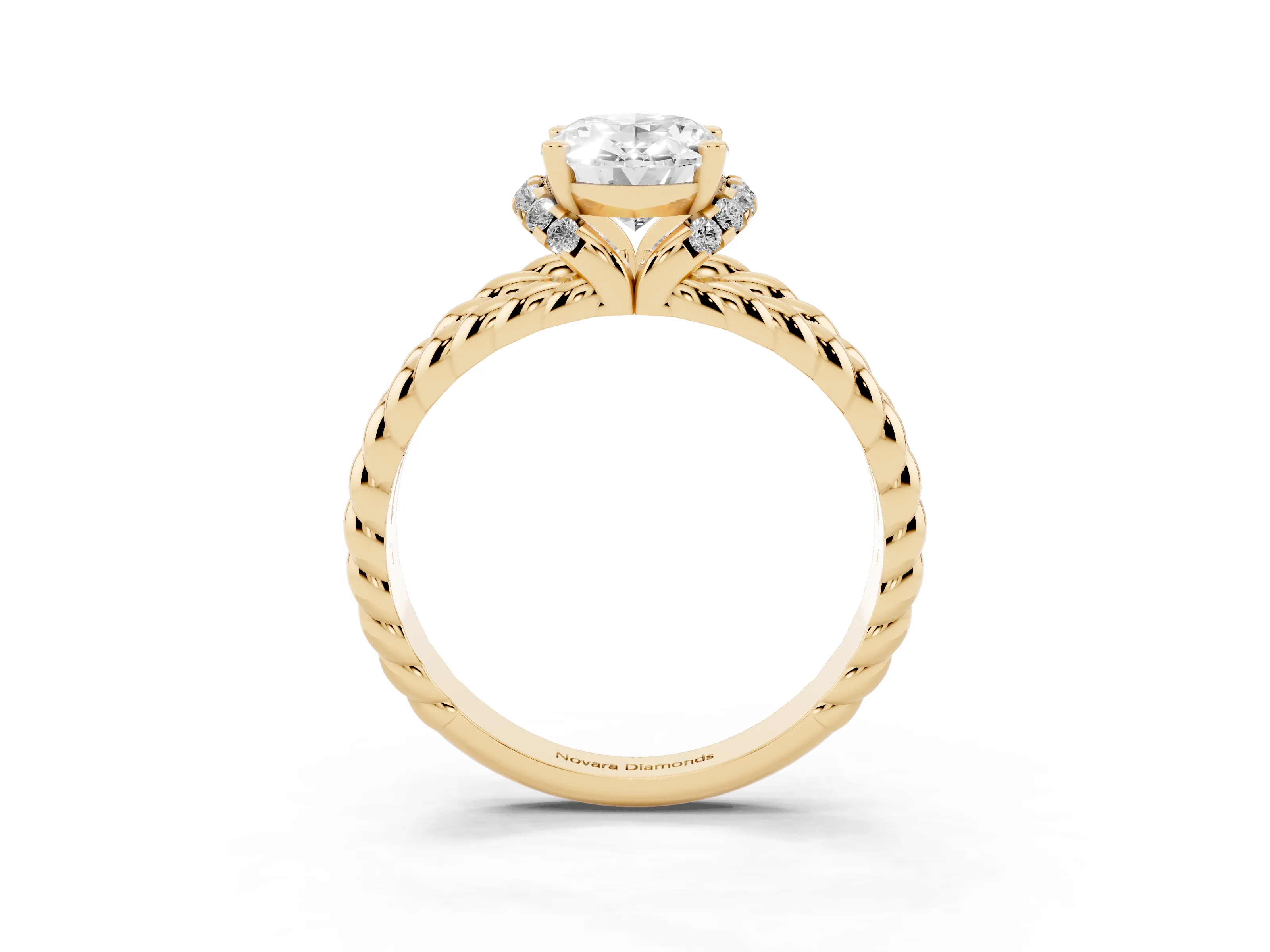 Oval Cut Diamond Halo Ring Set in Yellow gold with Twisted Band and Prong Setting