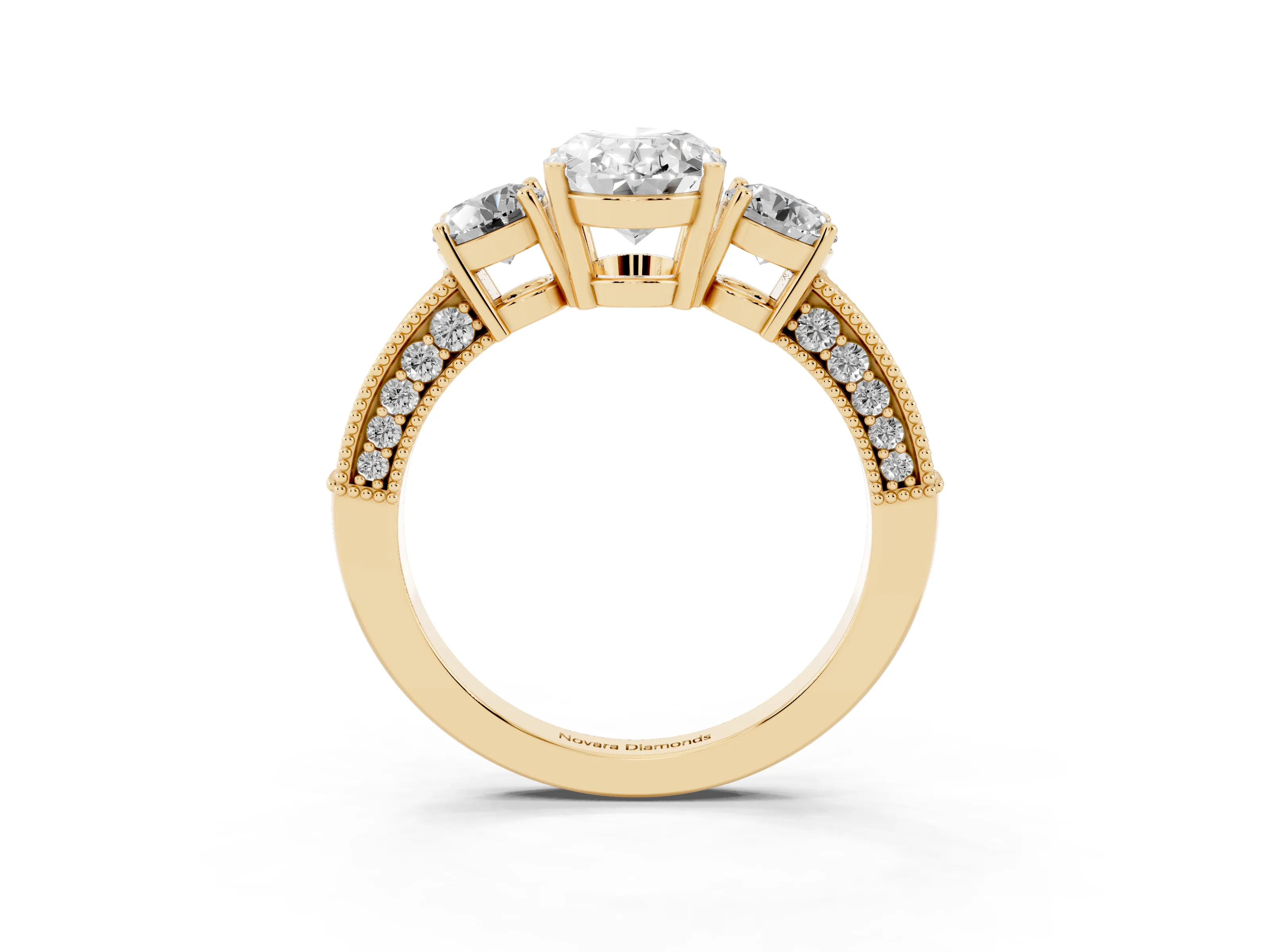 Oval Cut Diamond Three-Stone Ring Set in Yellow gold with Round Side Stones and Pavé Band