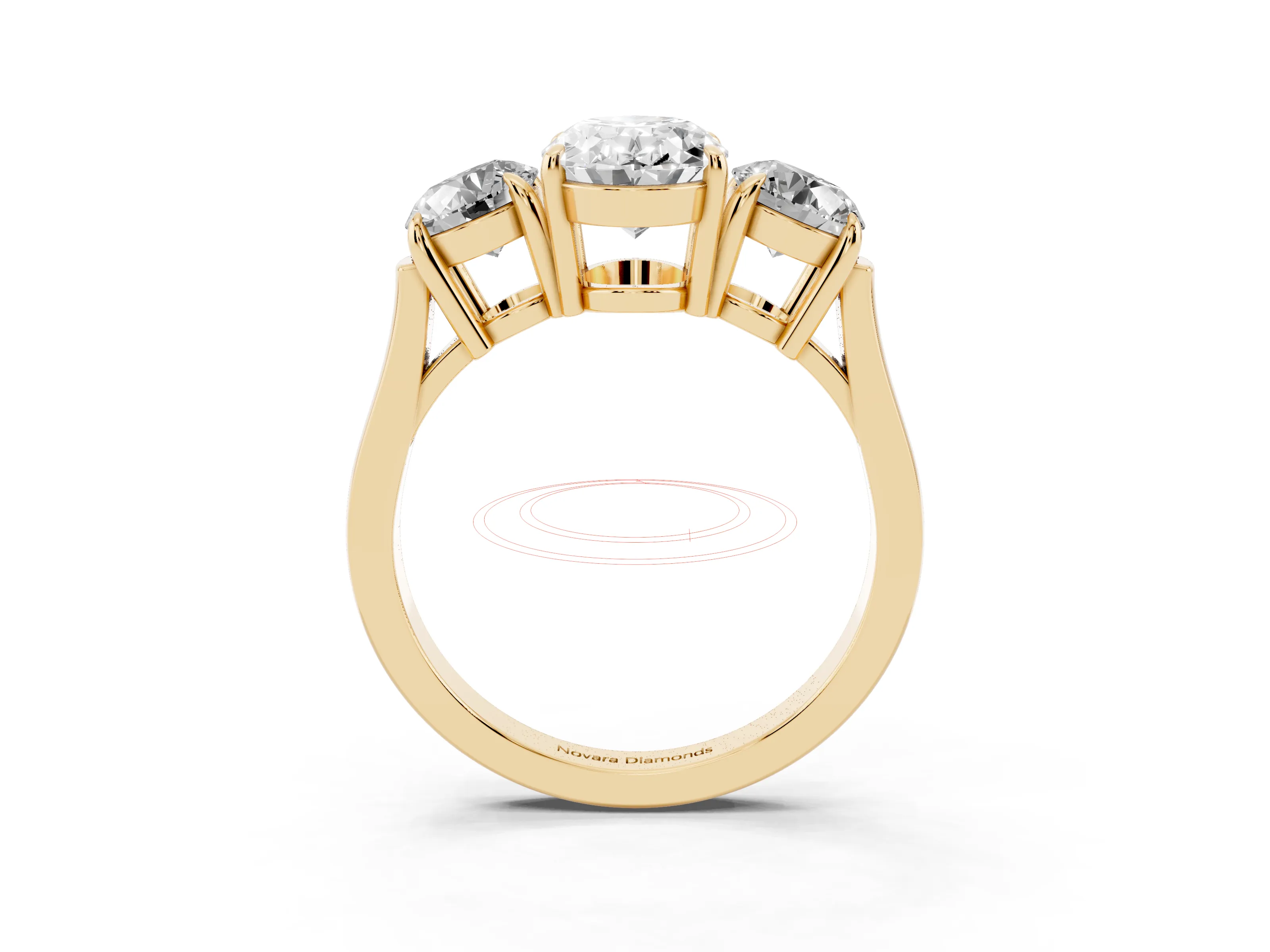 Oval Cut Diamond Three-Stone Ring Set in Yellow gold with Round Accent Stones and Plain Band