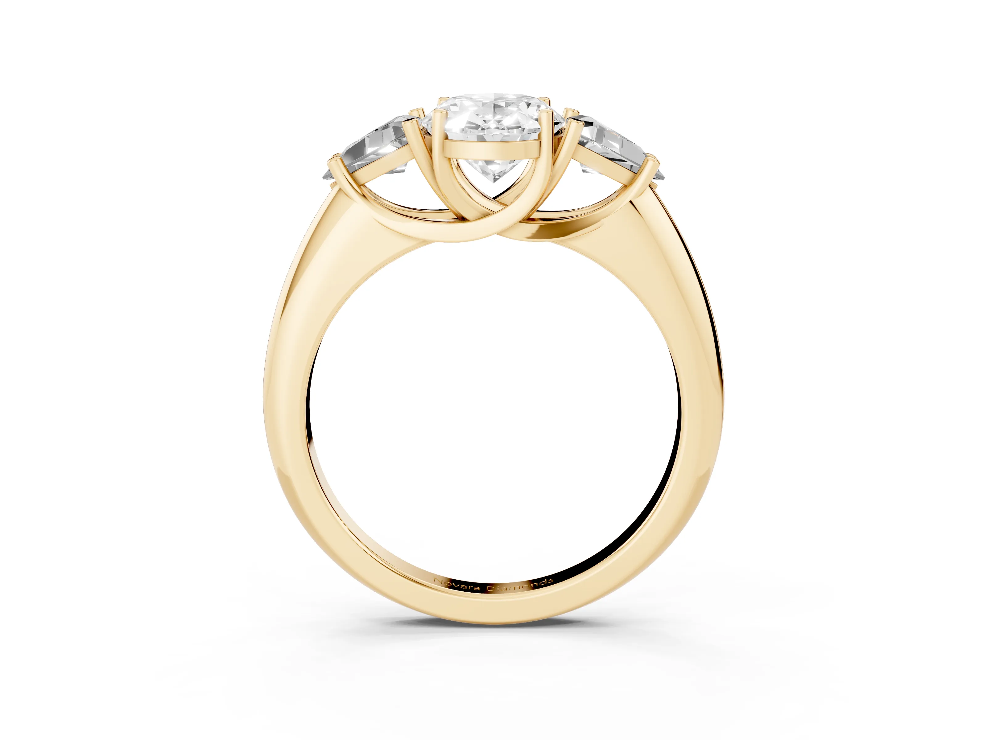 Oval Cut Diamond Three-Stone Engagement Ring Set in Yellow gold with Trillion Side Stones