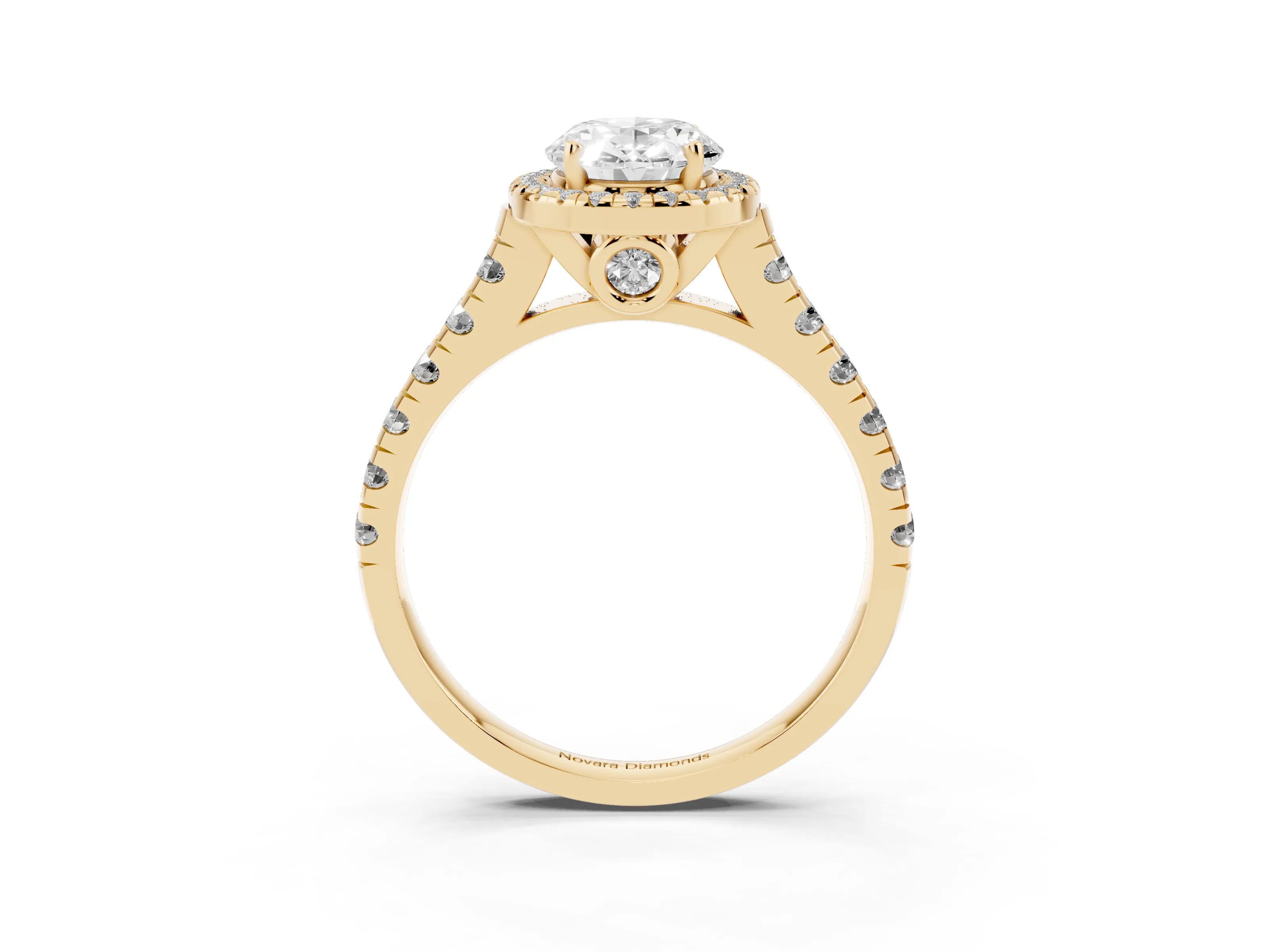 Oval Cut Diamond Halo Engagement Ring Set in Yellow gold with Pavé Band and Prong-Set Center