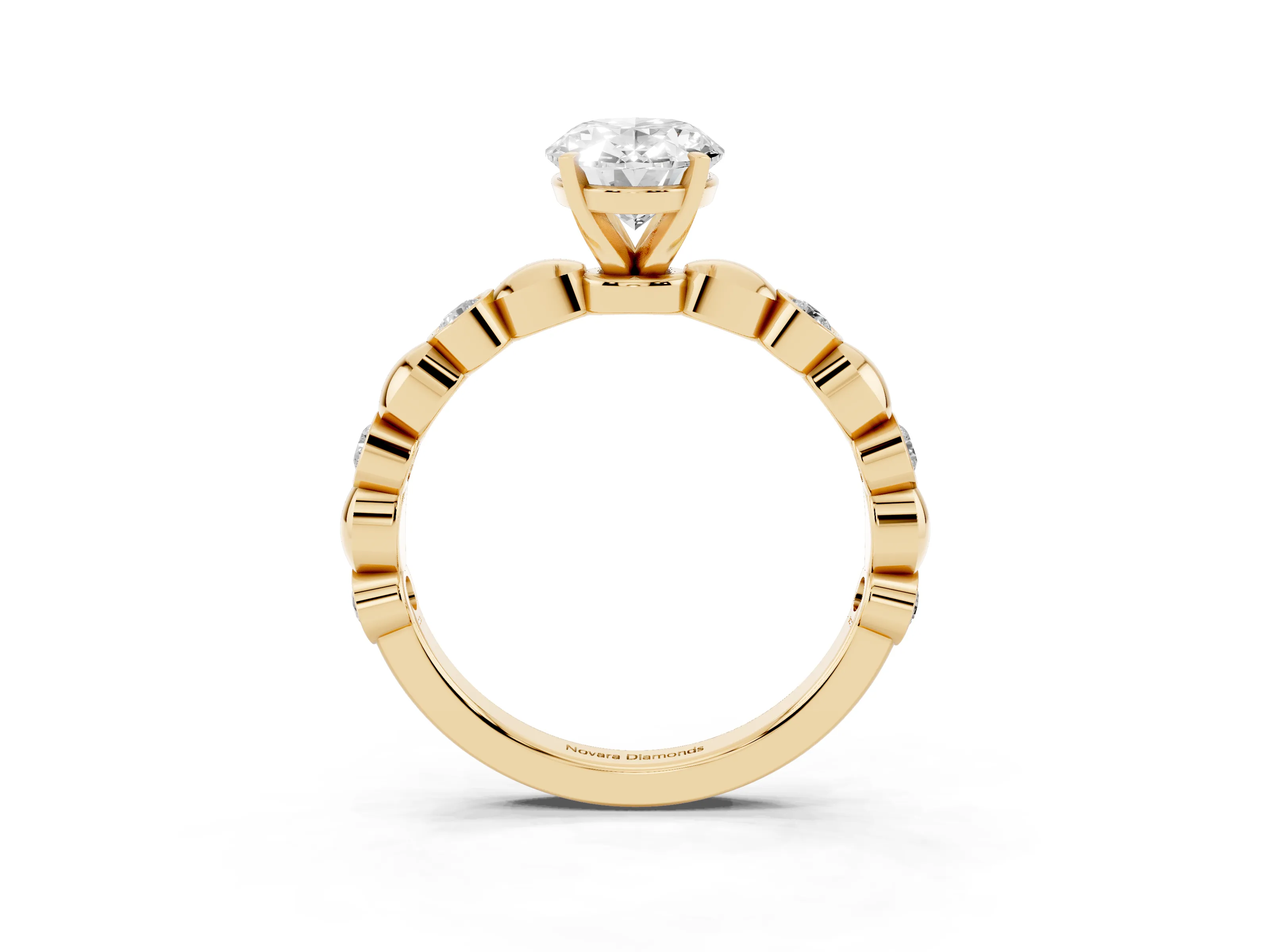 Oval Cut Diamond Solitaire Ring Set in Yellow gold with Bezel-Set Accents on Beaded Band and Prong Setting