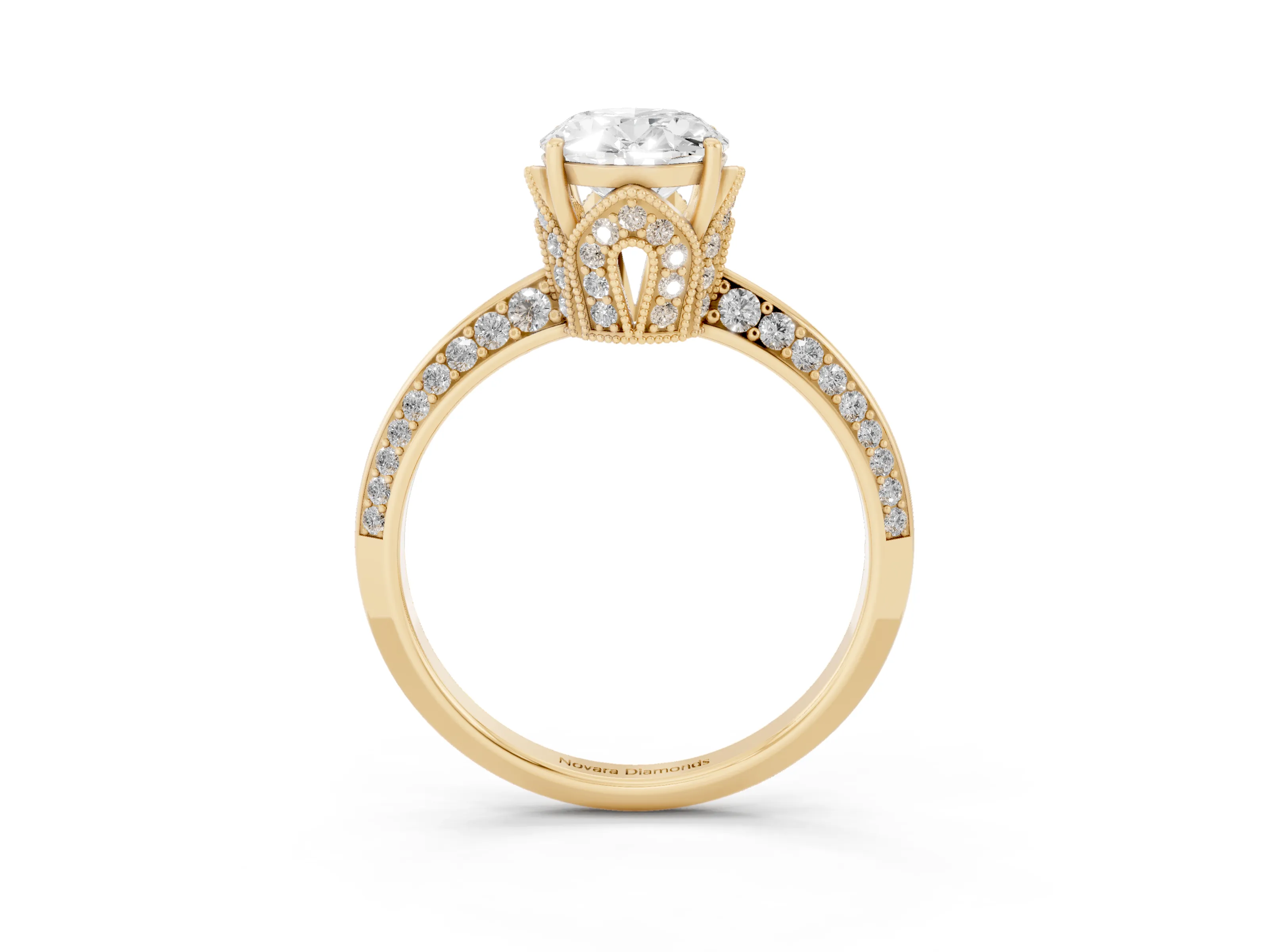 Oval Cut Diamond Solitaire Engagement Ring Set in Yellow gold with Pavé Split Shank and Prong Setting