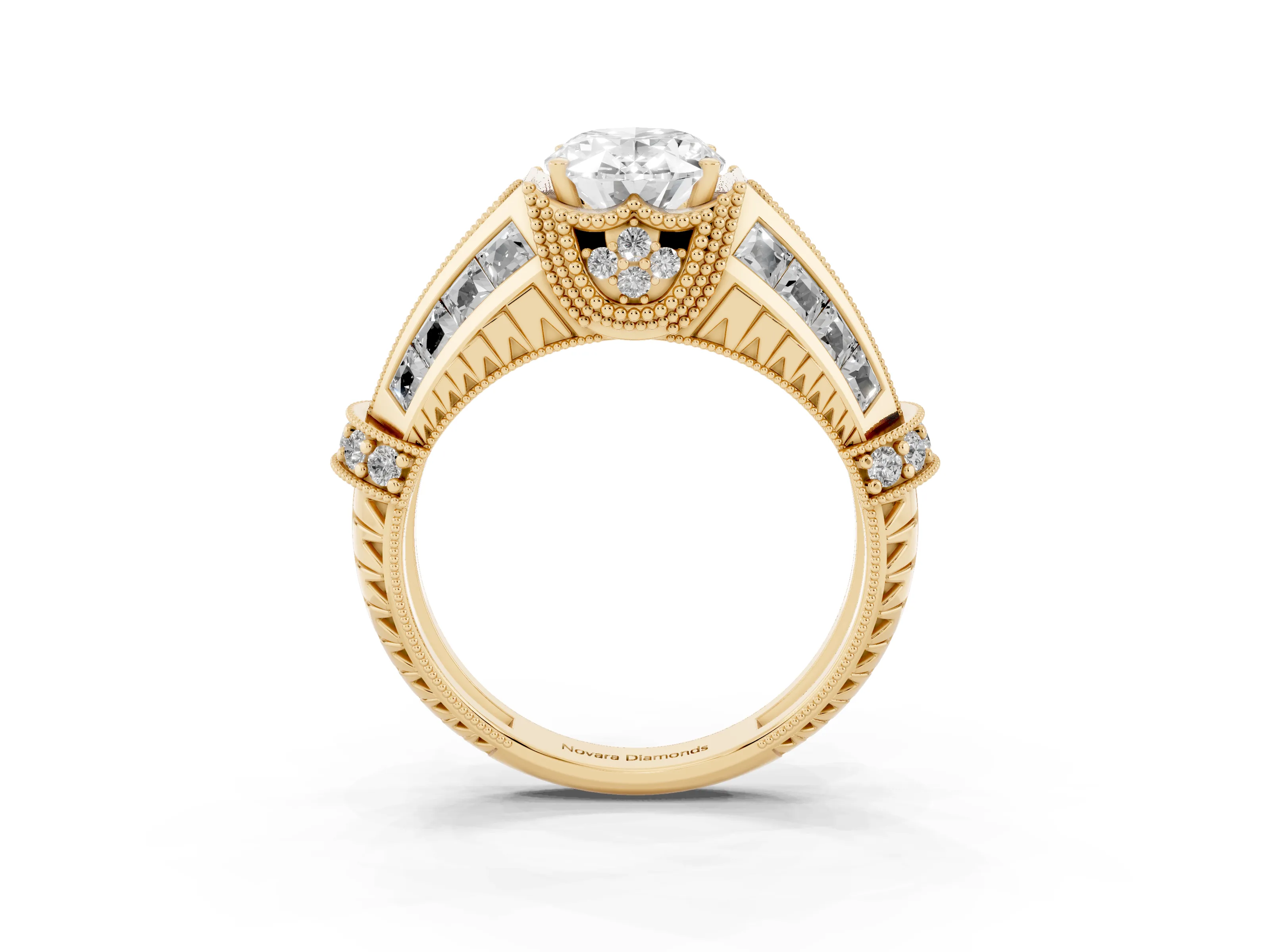 Oval Cut Diamond Vintage-Inspired Milgrain Ring Set in Yellow gold with Accent Split Shank