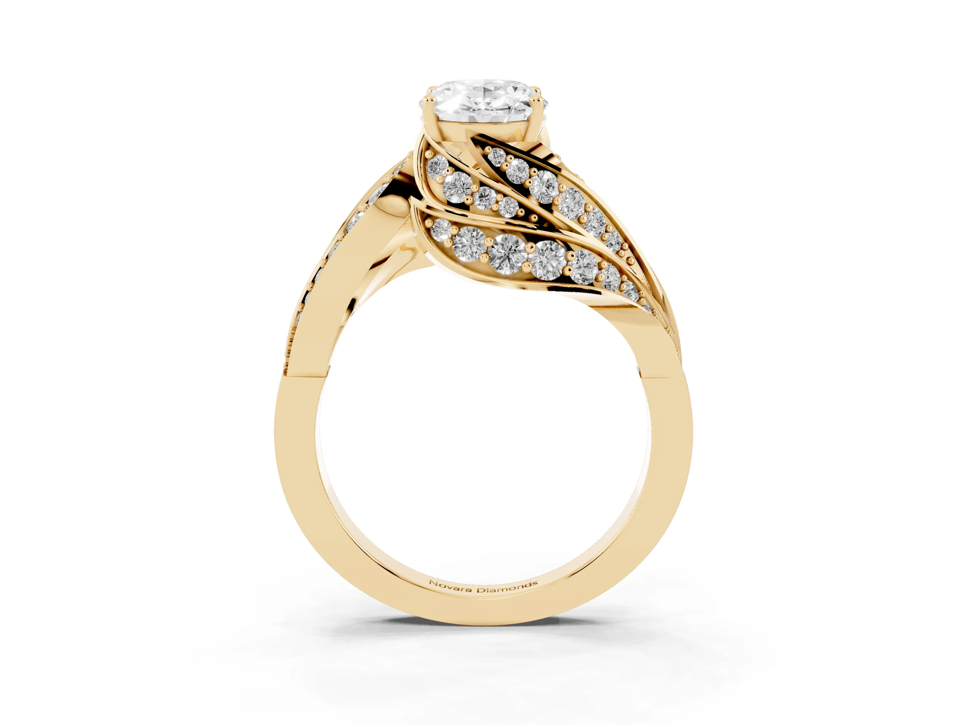 Oval Cut Diamond Solitaire Ring Set in Yellow gold with Layered Twist Pavé Band