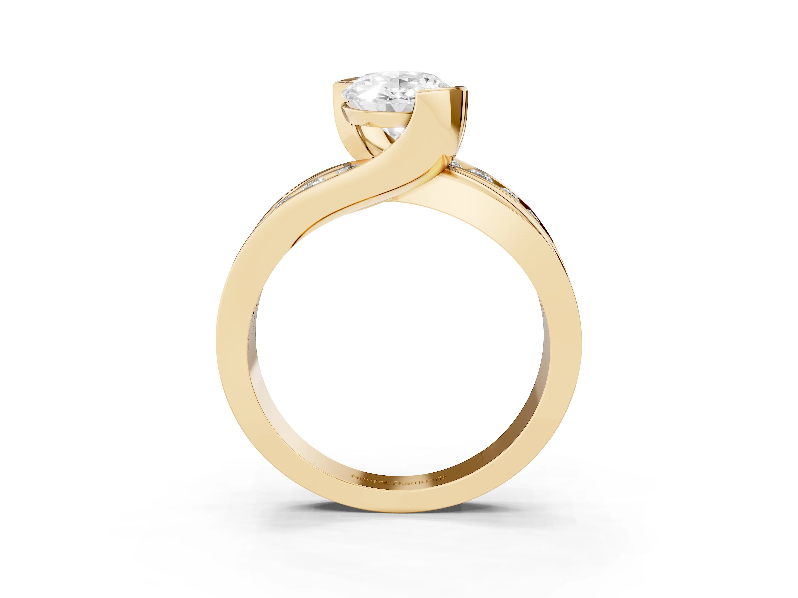Oval Cut Diamond Solitaire Ring Set in Yellow gold with Channel Set Split Shank and Tension Prongs