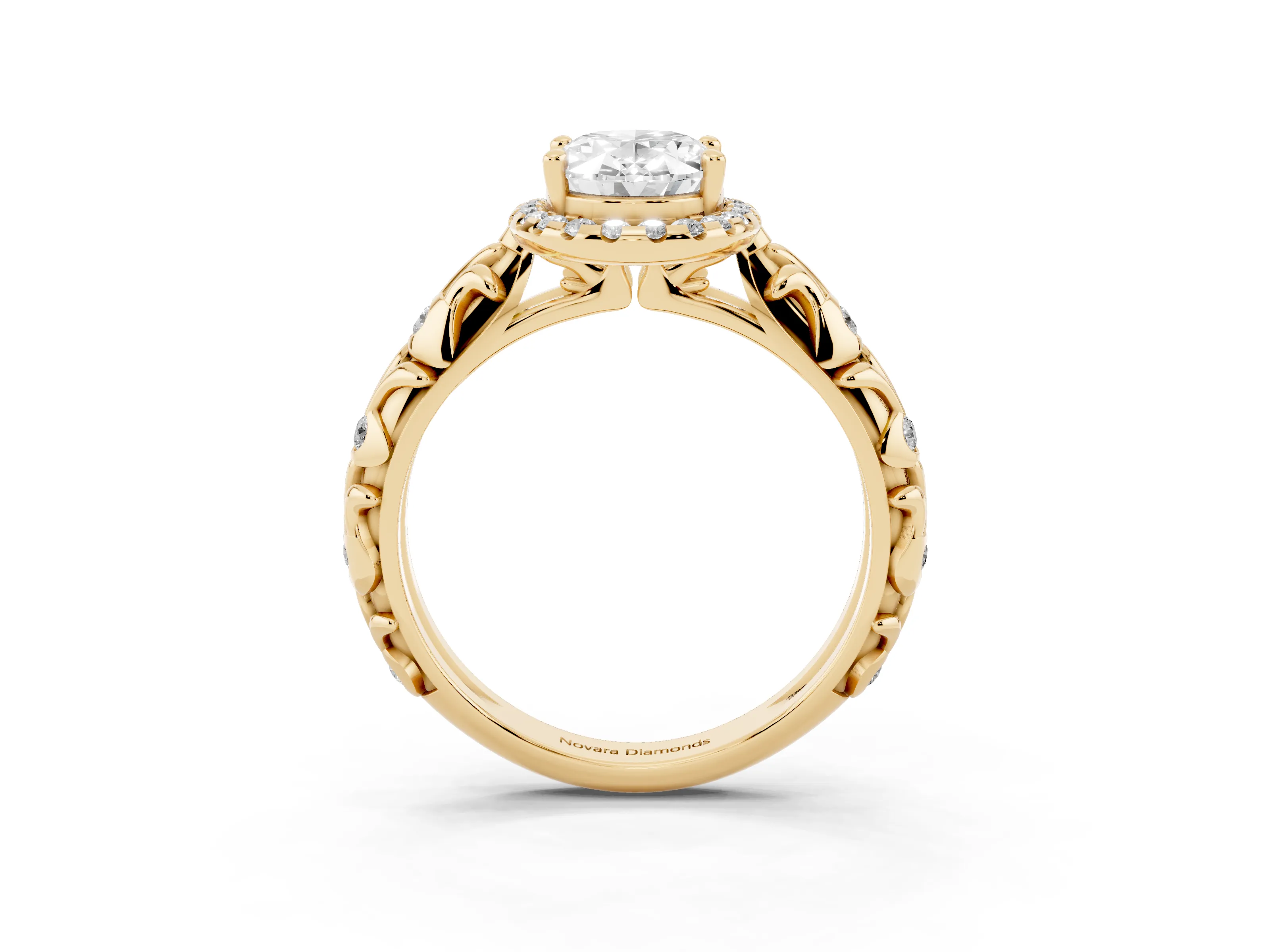 Oval Cut Diamond Halo Ring Set in Yellow gold with Filigree Leaf Band and Prong Setting