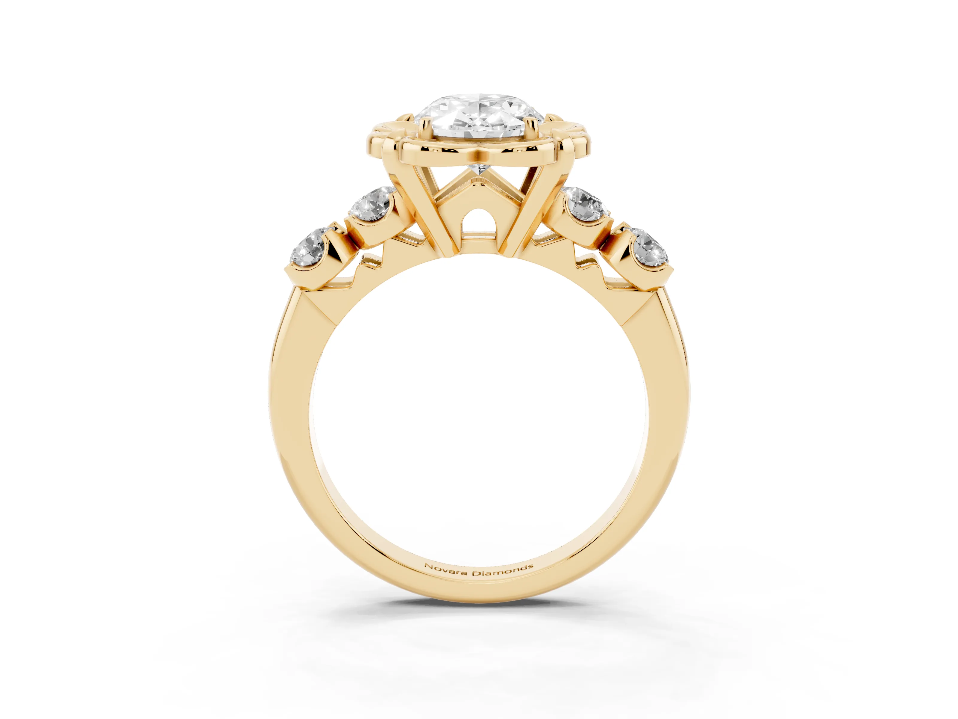 Oval Cut Diamond Floral Halo Ring Set in Yellow gold with Shared Prong Band