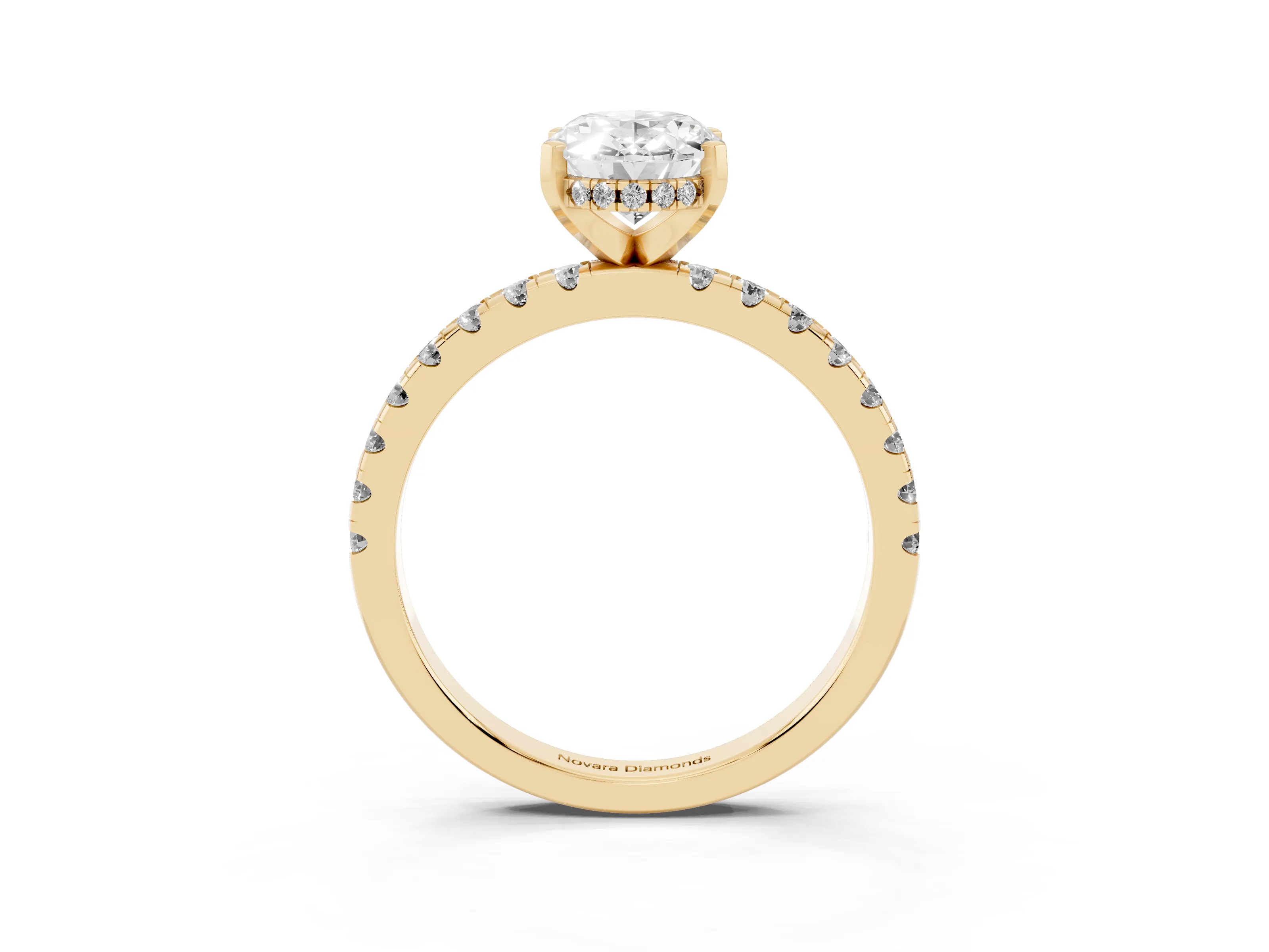 Oval Cut Diamond Pavé Solitaire Ring Set in Yellow gold with Round Band Accents and Prong Setting
