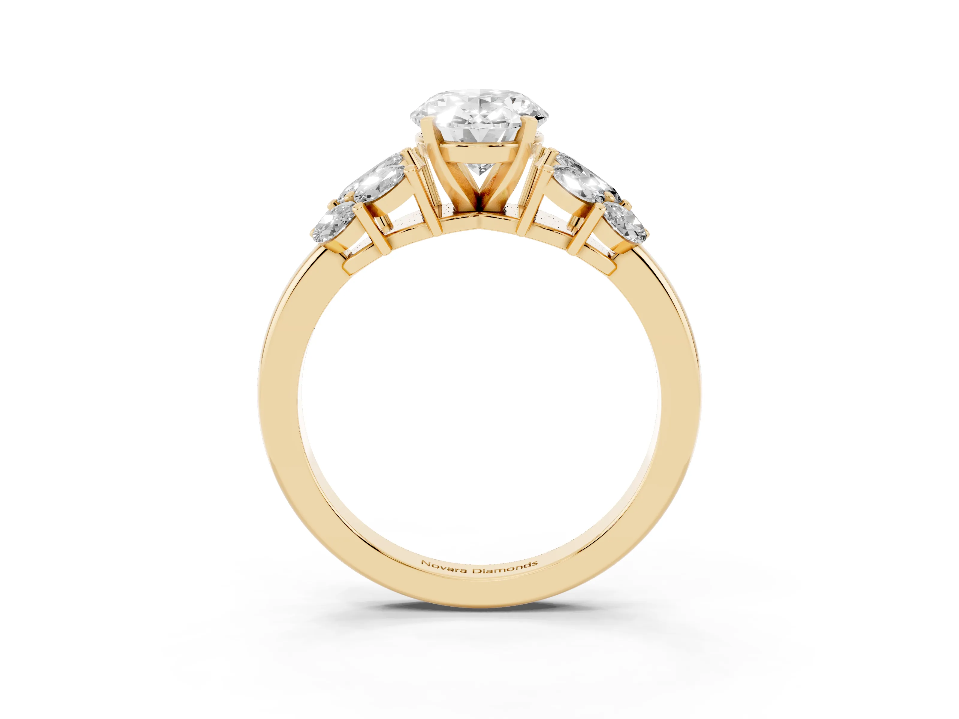 Oval Cut Diamond Cluster Leaf Design Ring Set in Yellow gold with Prong Setting