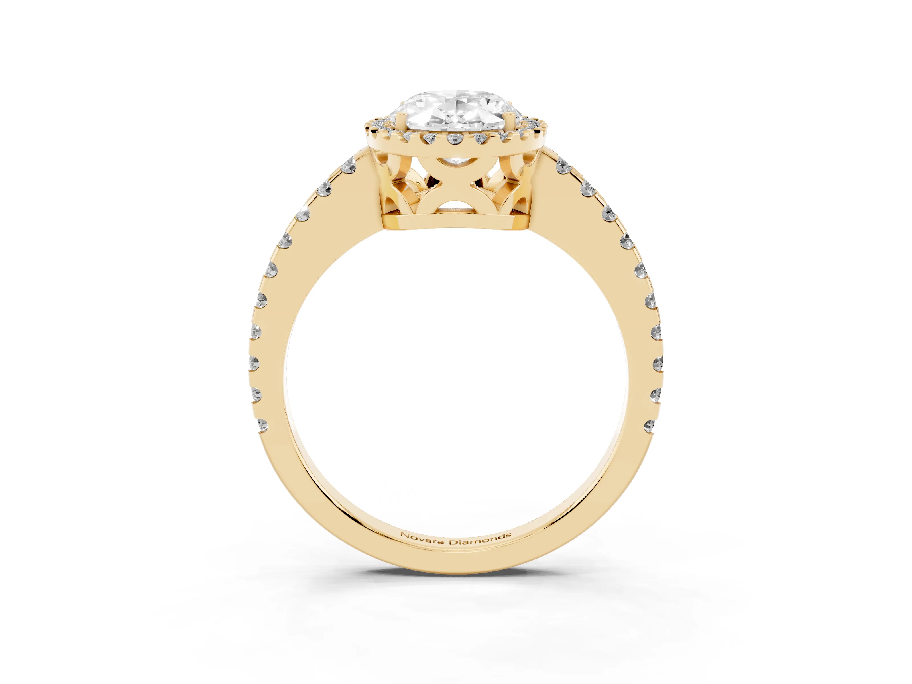 Oval Cut Diamond Halo Ring Set in Yellow gold with Pavé Shoulders and Halo-Framed Center