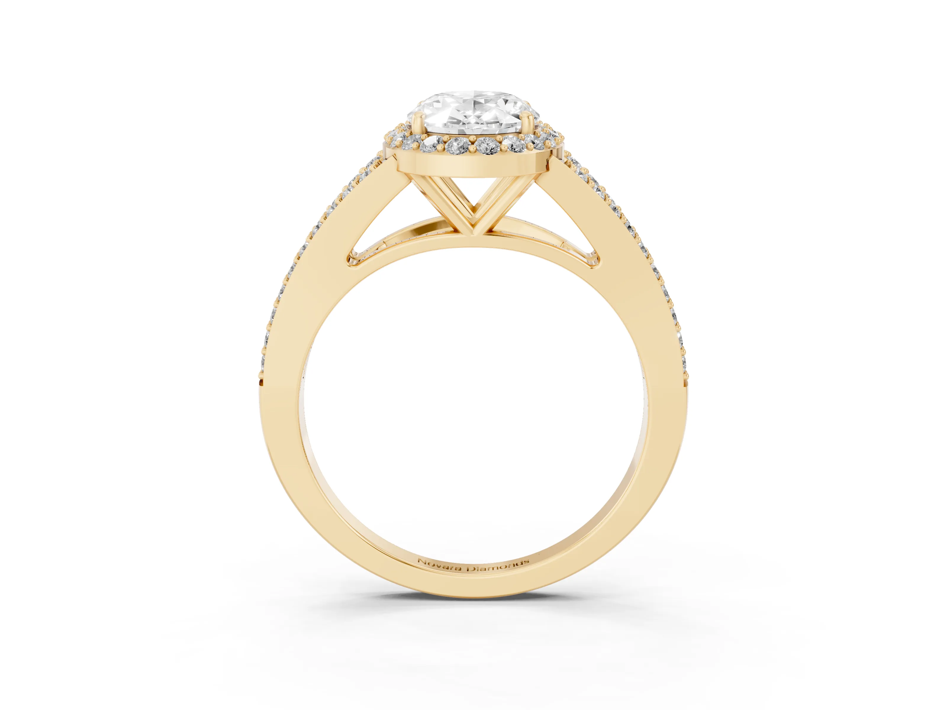 Oval Cut Diamond Halo Split Shank Ring Set in Yellow gold with Accent Stones and Prong Setting