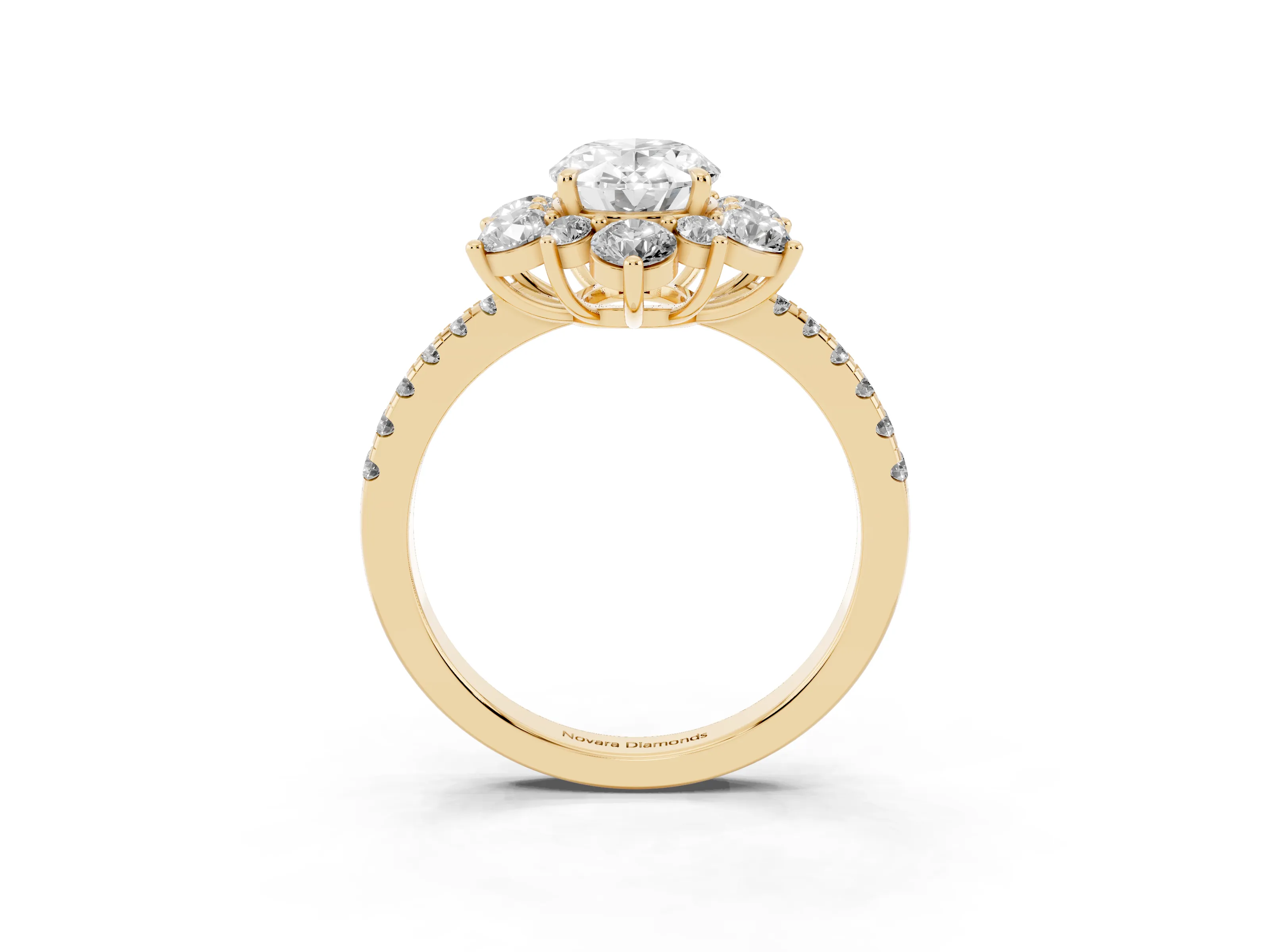 Oval Cut Diamond Floral Halo Ring Set in Yellow gold with Round Pavé Band and Prong Setting