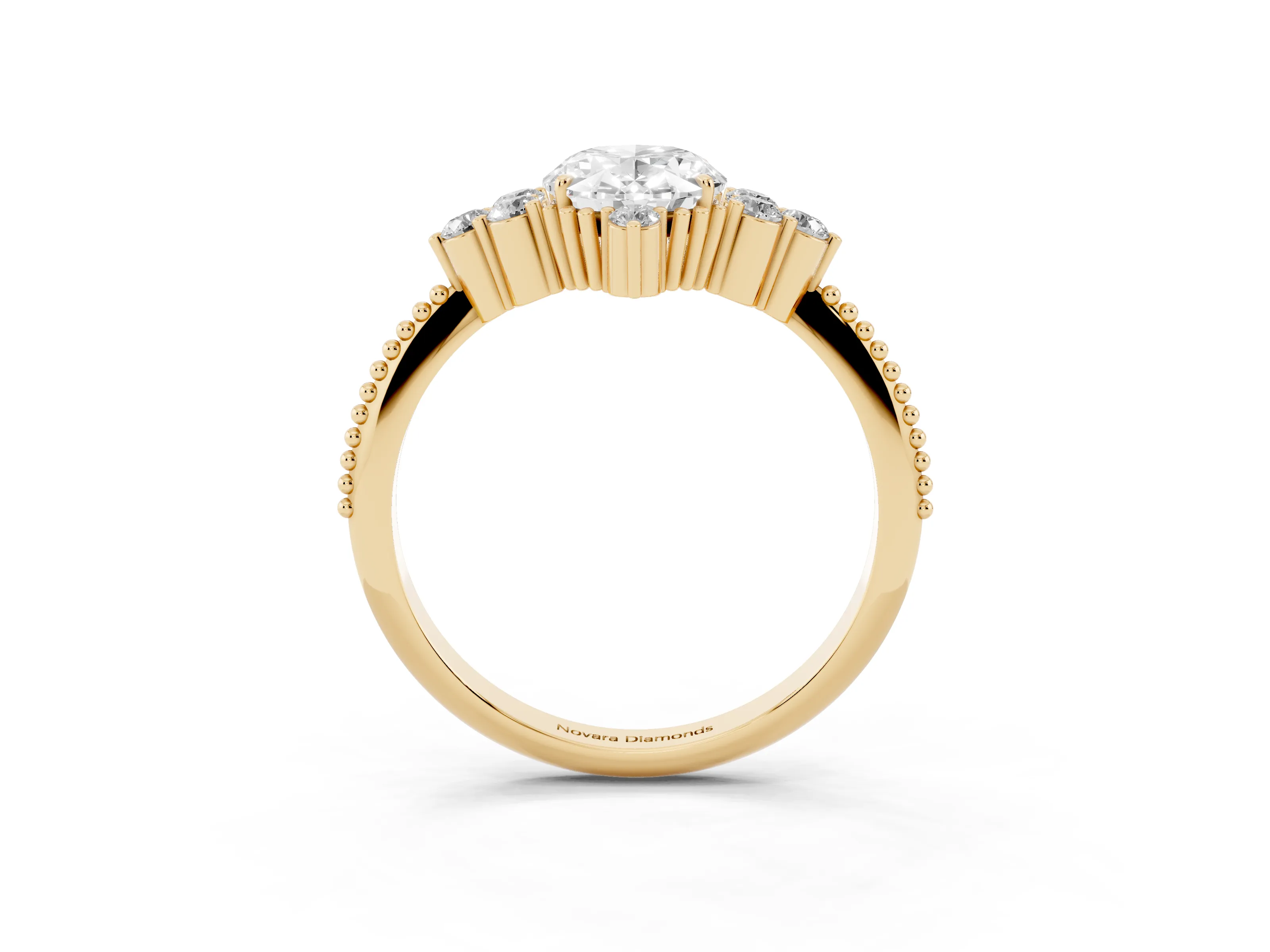 Oval Cut Diamond Cluster Ring Set in Yellow gold with Beaded Band