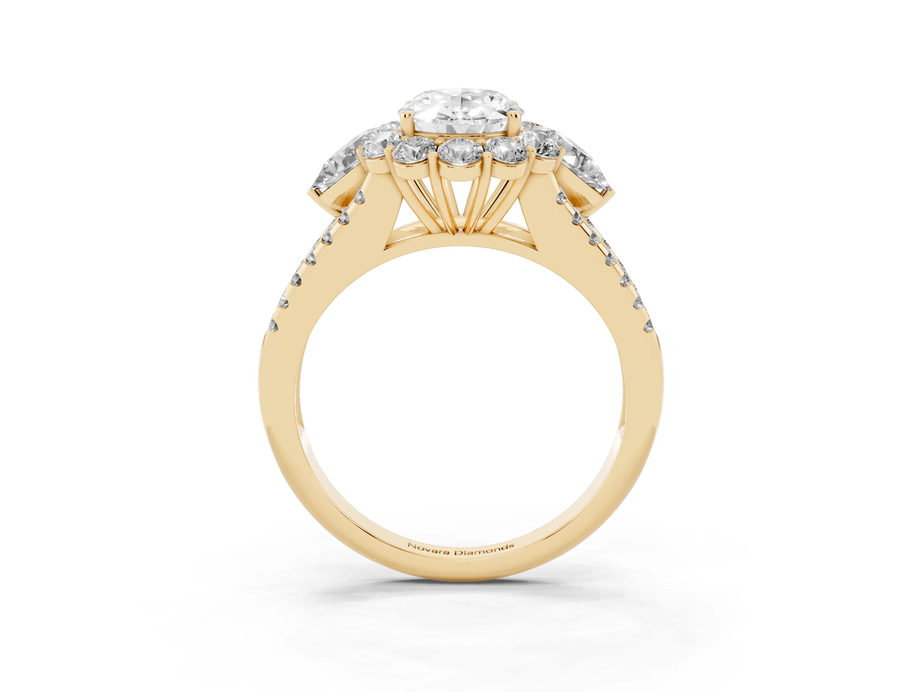 Oval Cut Diamond Halo Split Shank Engagement Ring Set in Yellow gold with Prong-Held Center Stone
