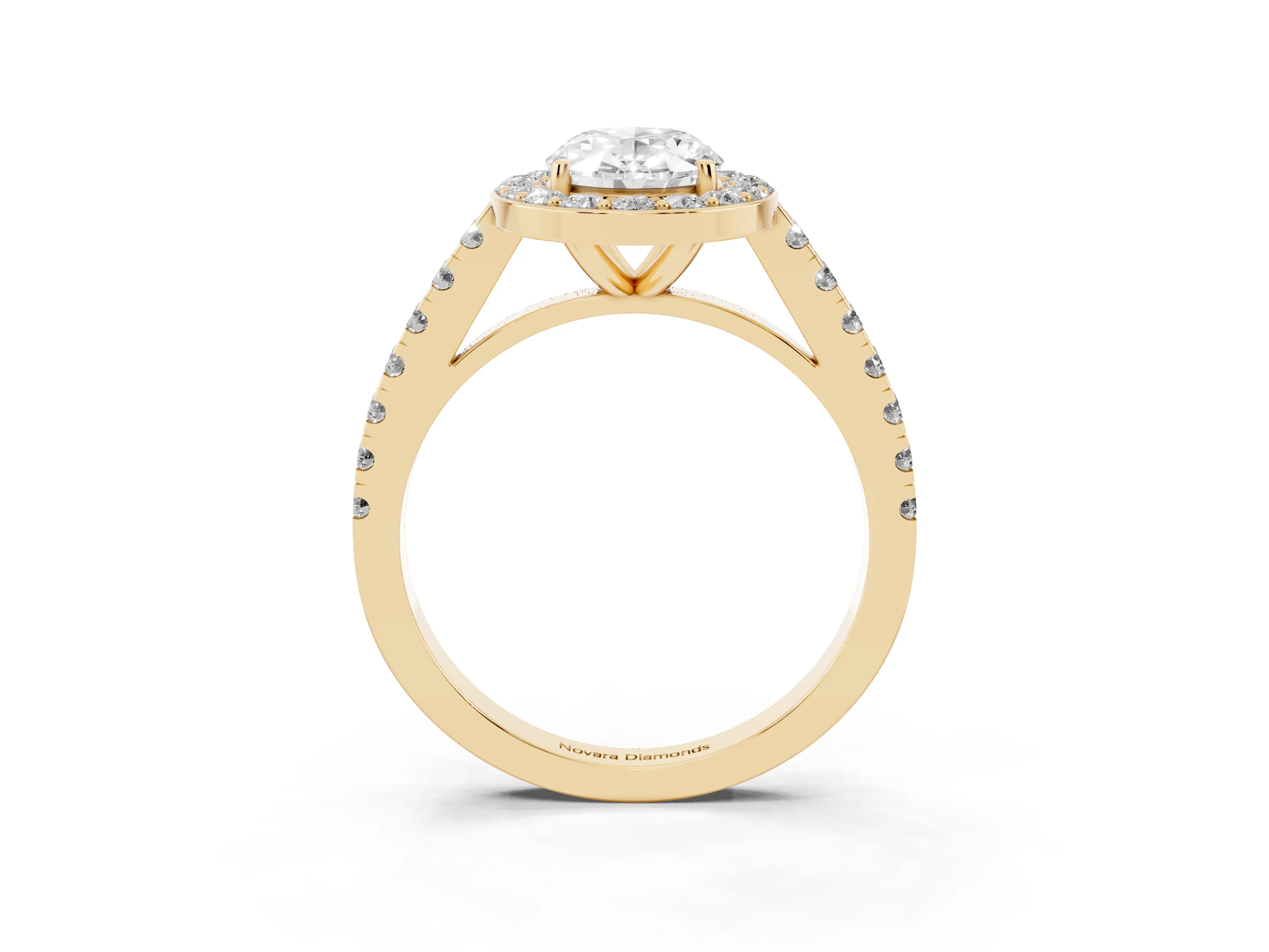 Oval Cut Diamond Halo Ring Set in Yellow gold with Round Pavé Split Shank and Prong Setting