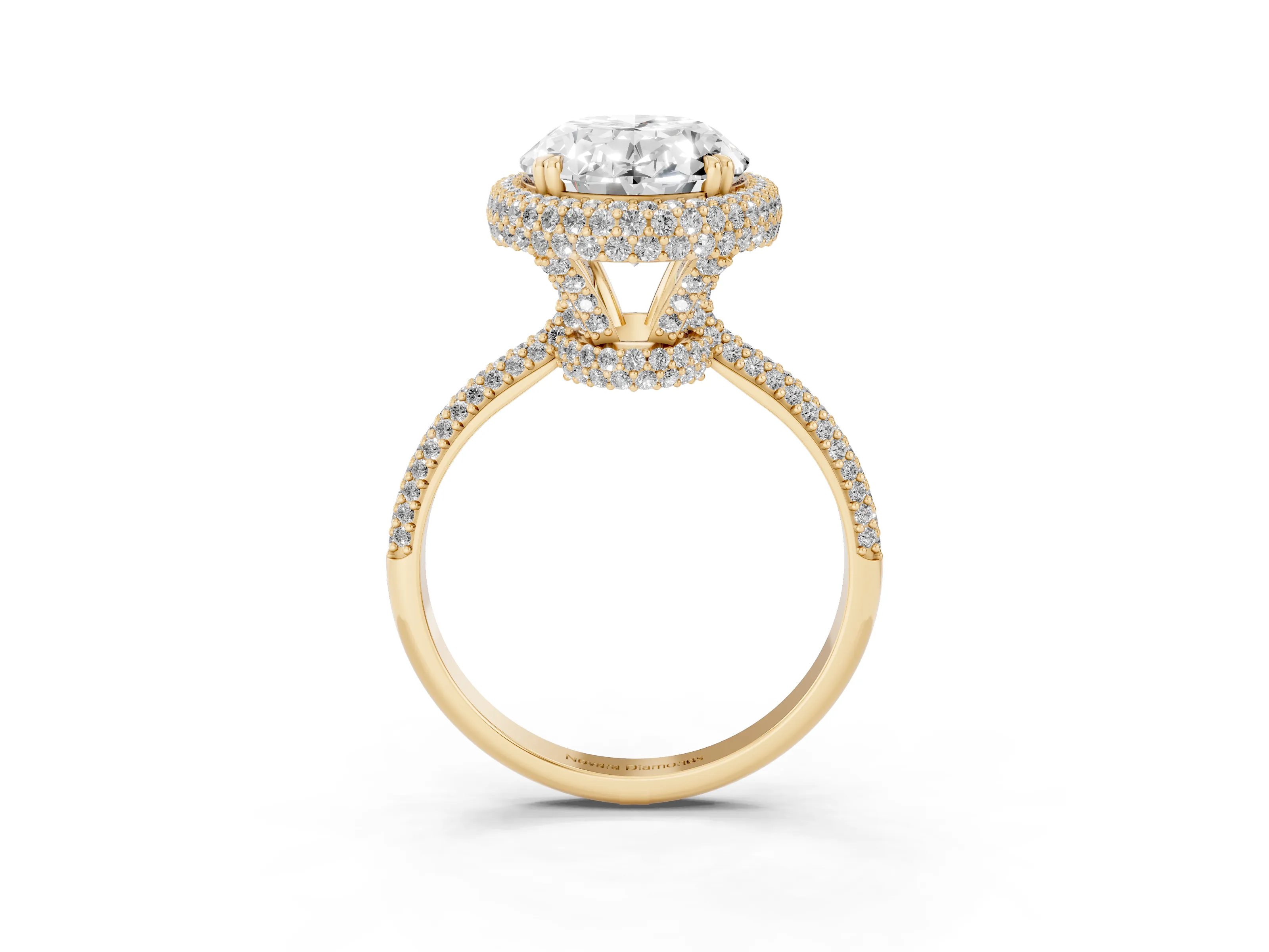 Oval Diamond Halo Ring Set in Yellow gold with Round Accent Halo and Pavé Band