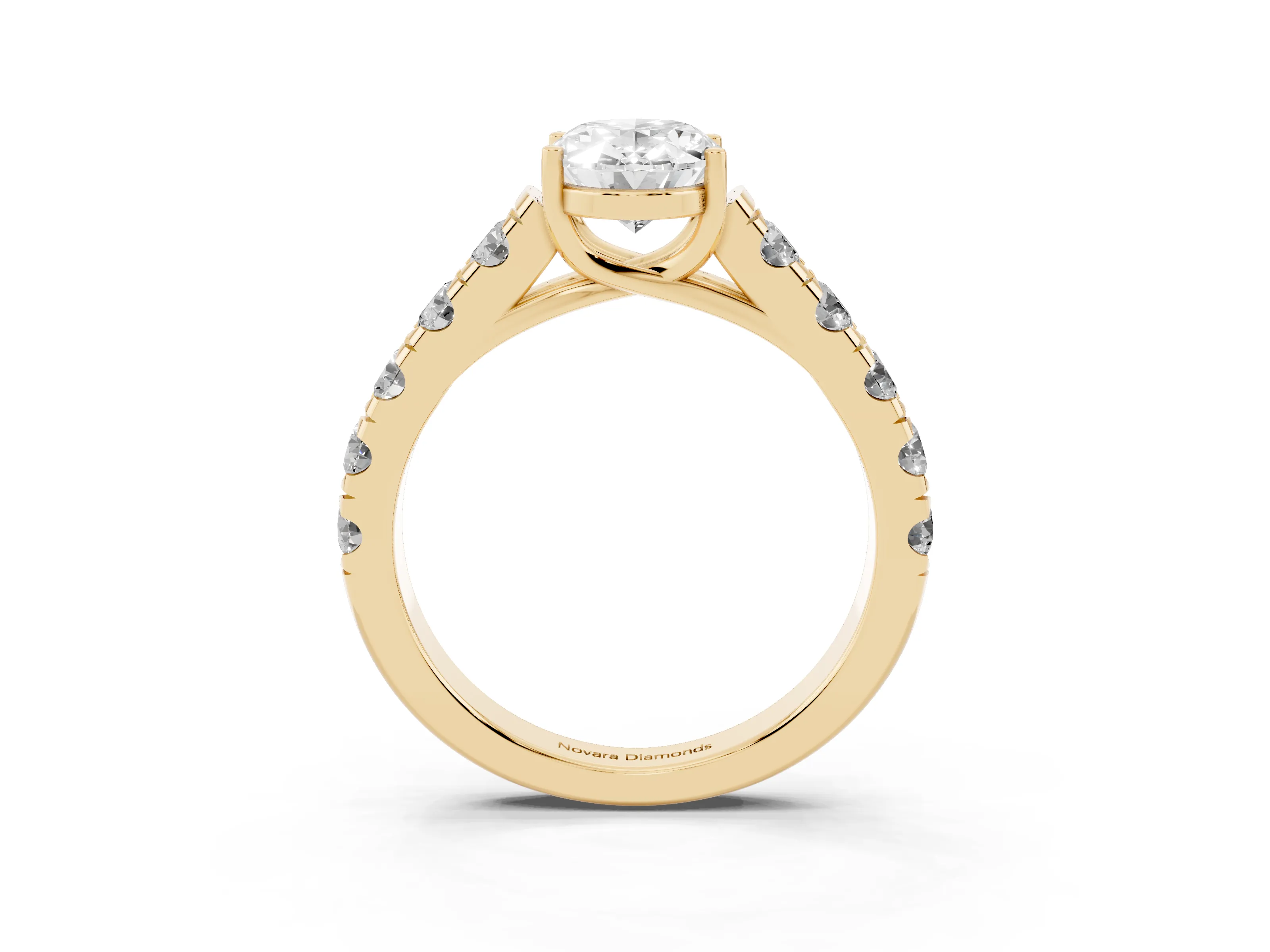 Oval Cut Diamond Solitaire Ring Set in Yellow gold with Cut-Down Micro Pavé Band and Prong Setting
