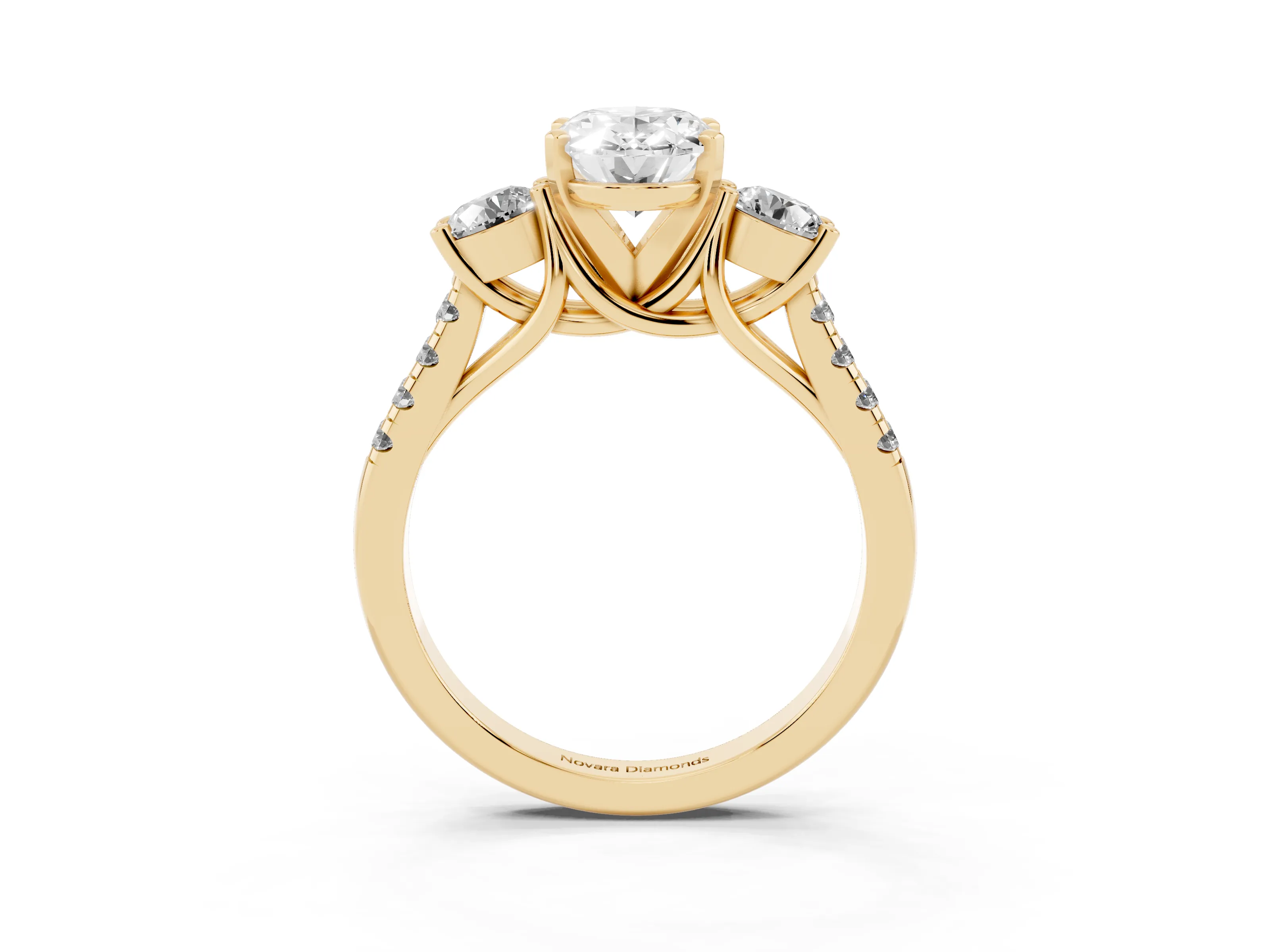 Three-Stone Oval Cut Diamond Pavé Band Ring Set in Yellow gold with Prong-Set Trio