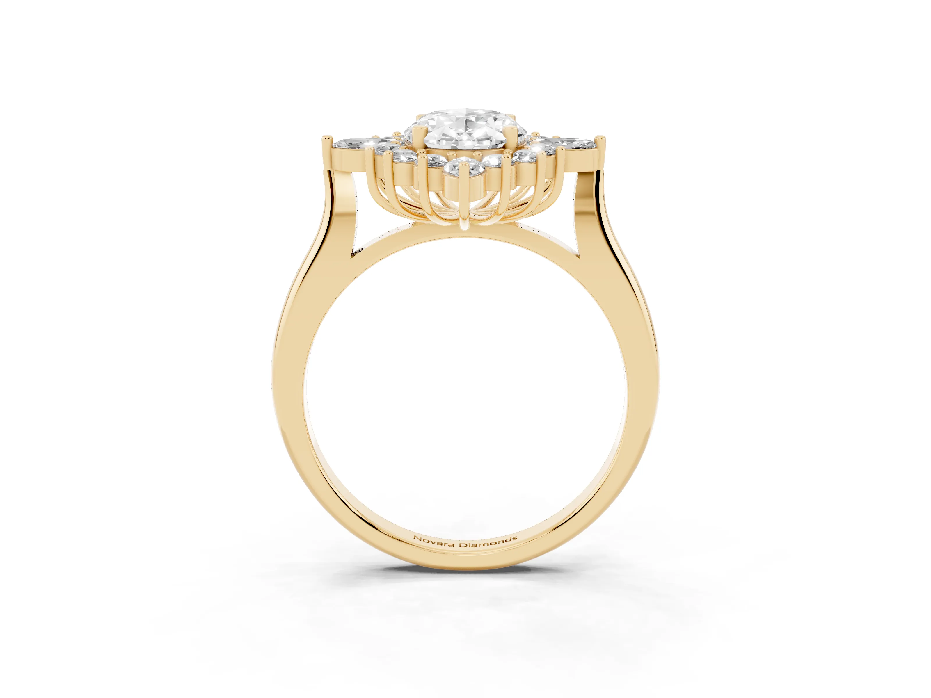 Oval Cut Diamond Cluster Halo Ring Set in Yellow gold with Marquise and Round Accents