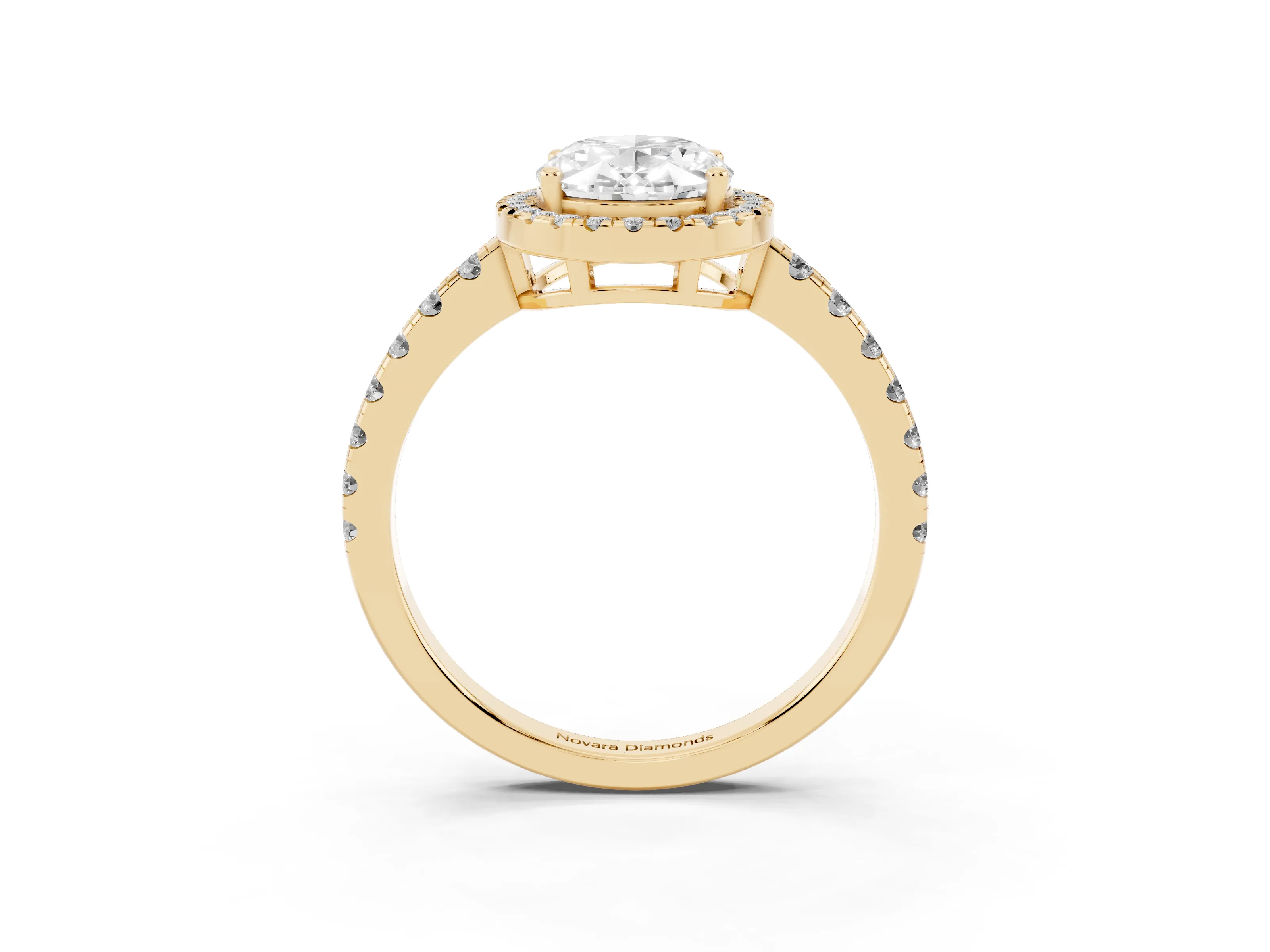 Oval Cut Diamond Halo Ring Set in Yellow gold with Delicate Pavé Band and Prong Setting