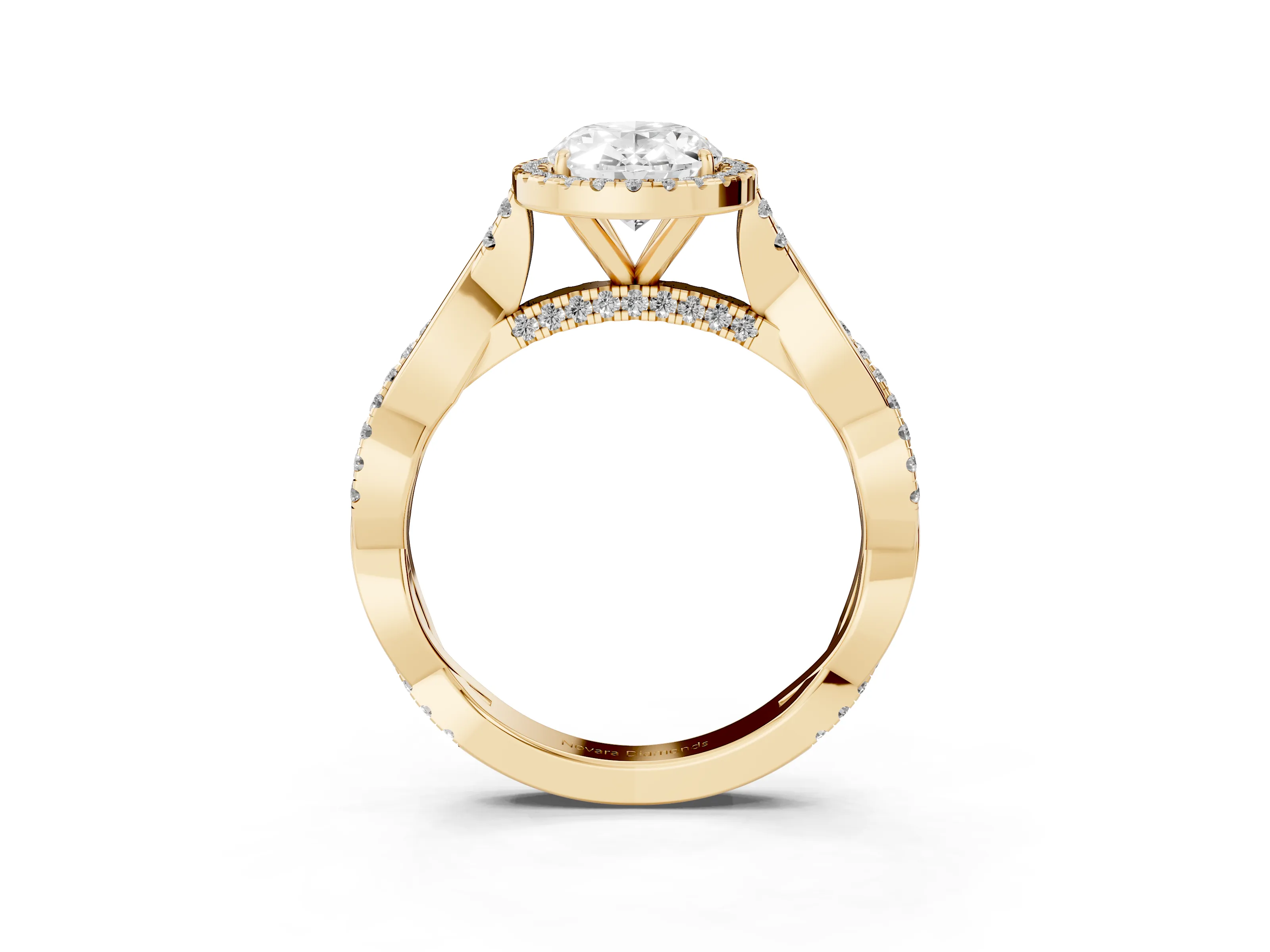 Oval Cut Diamond Halo Twist Band Solitaire Ring Set in Yellow gold with Prong Setting
