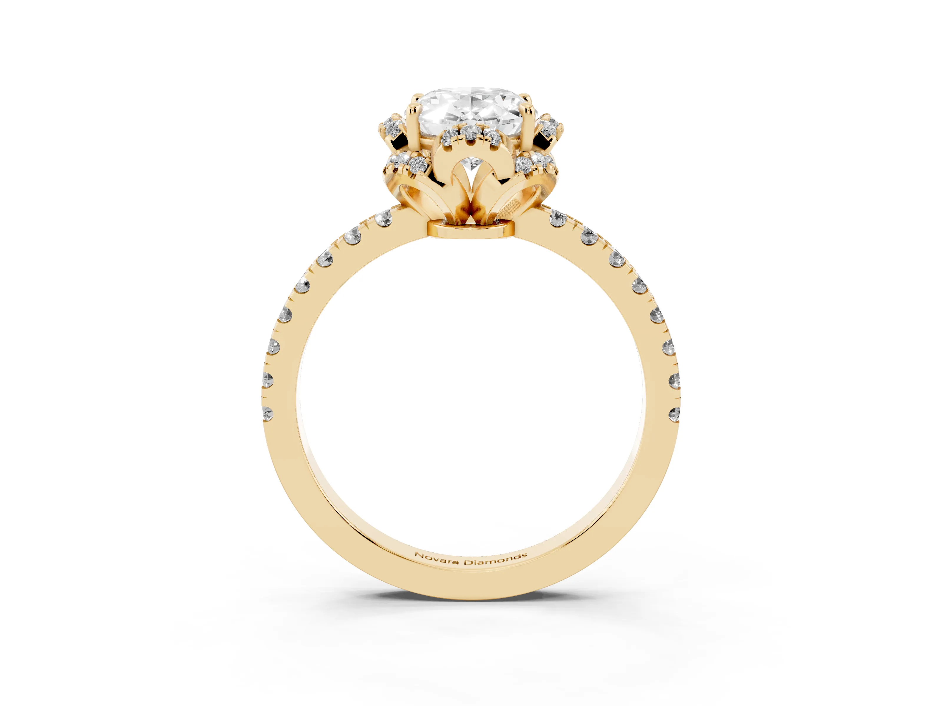 Oval Cut Diamond Halo Pavé Band Ring Set in Yellow gold with Prong-Held Center