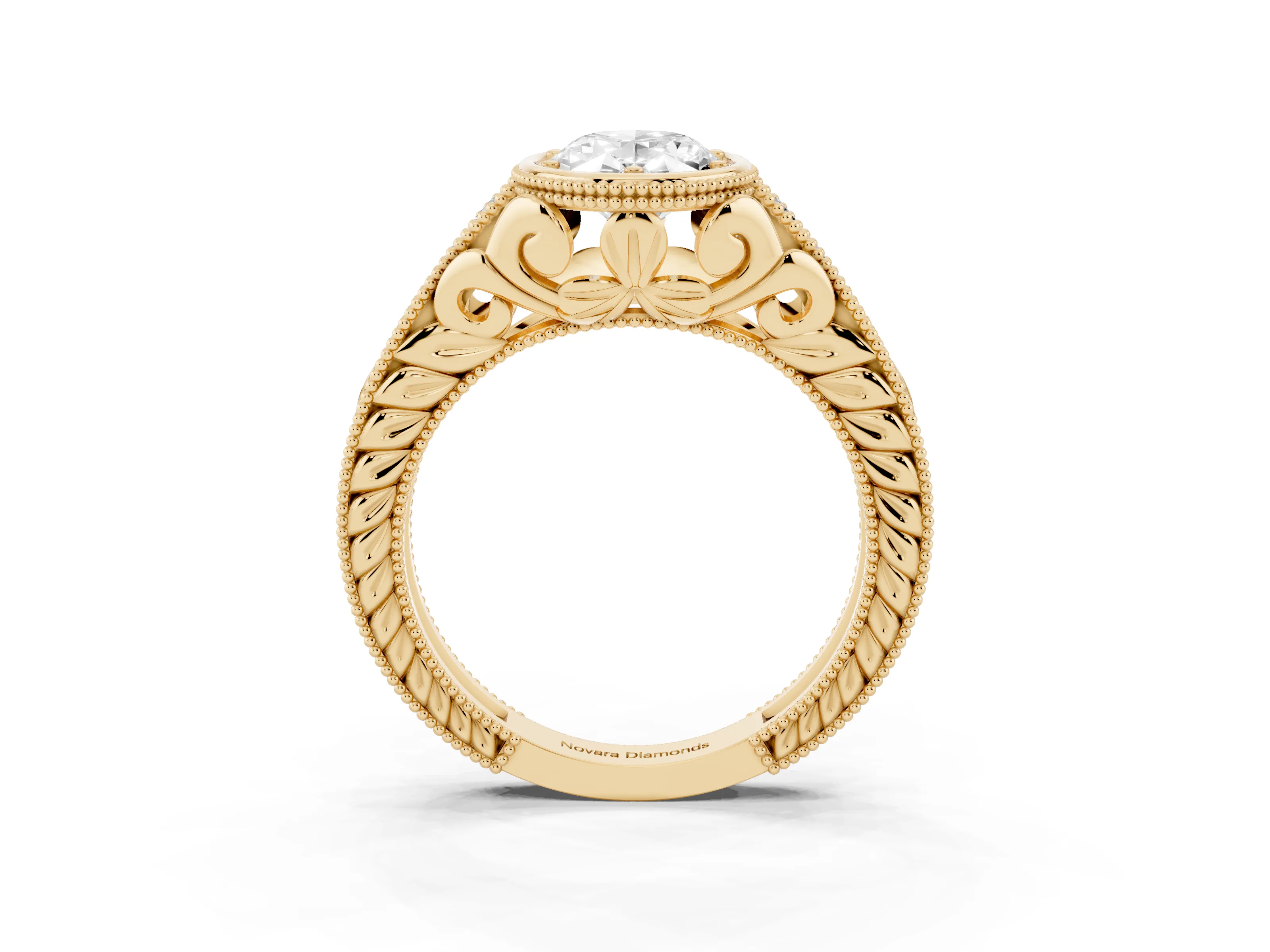 Bezel Set Oval Cut Diamond Milgrain Pavé Engagement Ring Set in Yellow gold