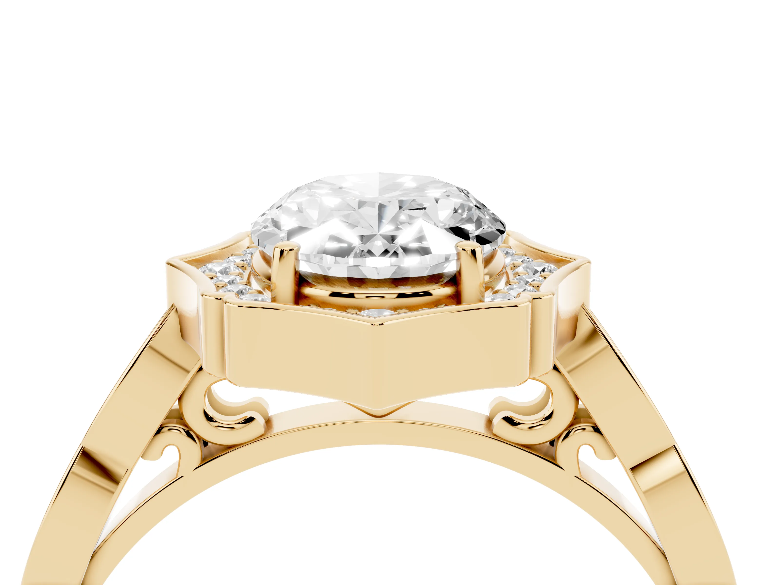 Oval Cut Diamond Halo Engagement Ring Set in Yellow gold with Milgrain Band and Prong Setting